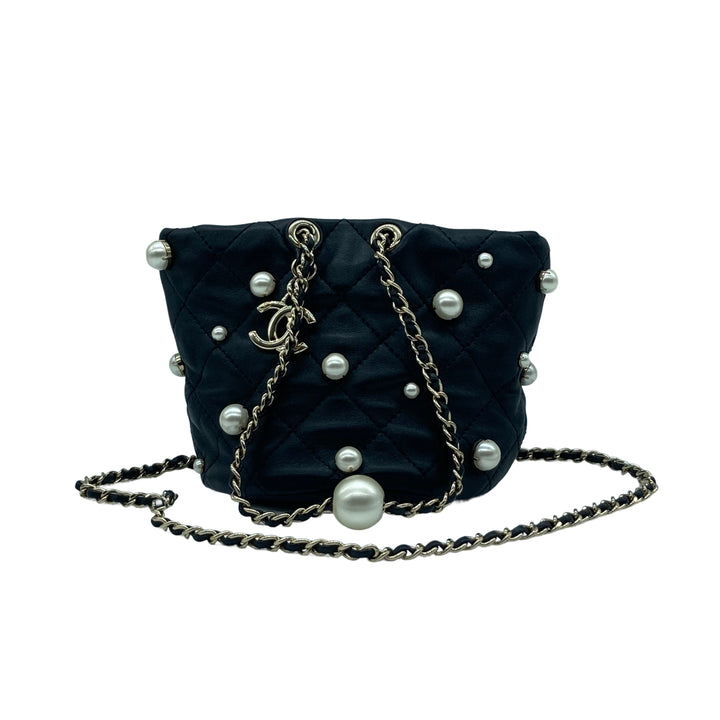 Chanel Lambskin Quilted Pearl Mini Bucket Black