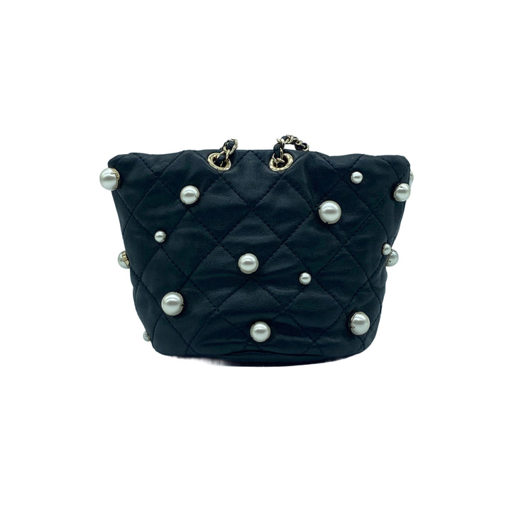 Chanel Lambskin Quilted Pearl Mini Bucket Black