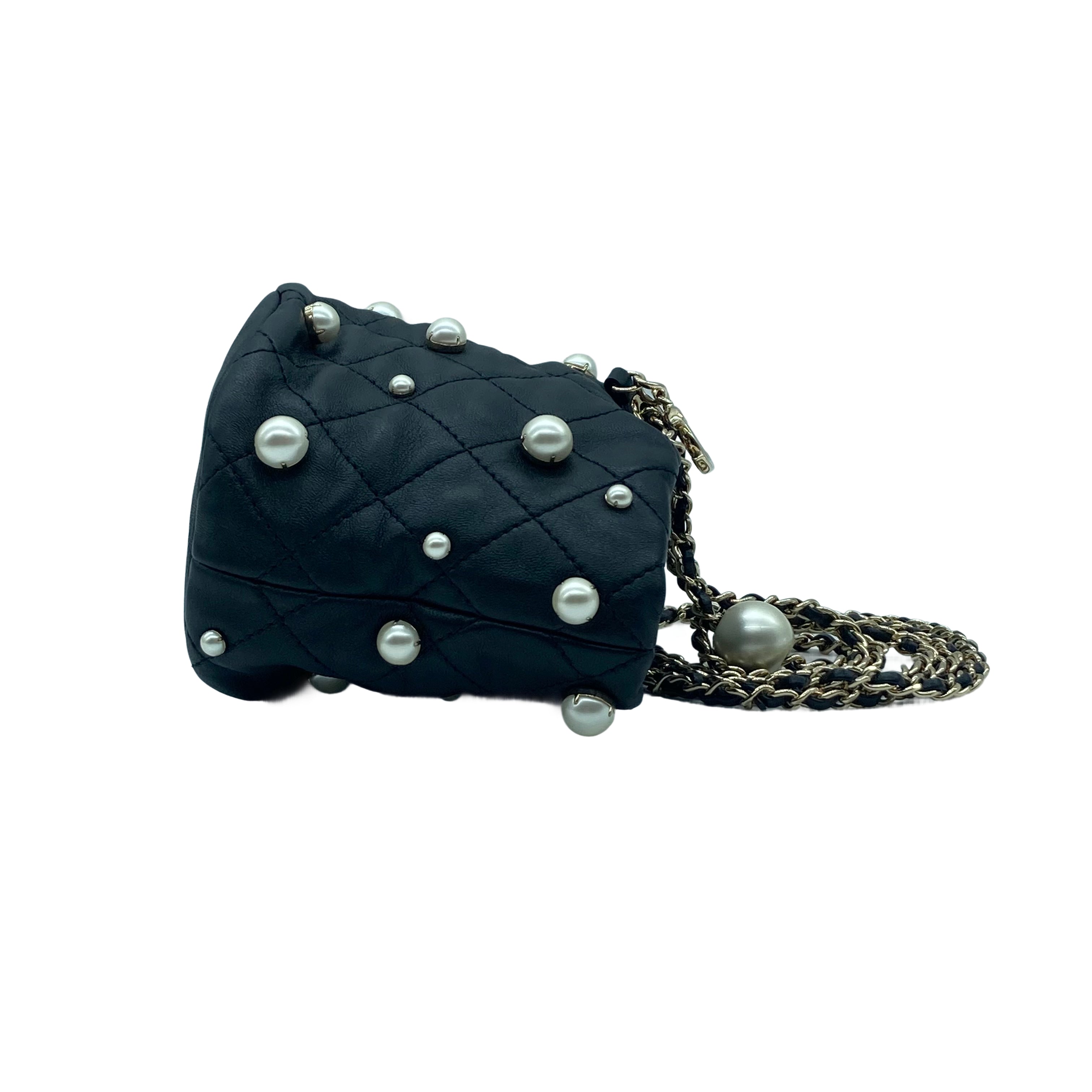 Chanel Lambskin Quilted Pearl Mini Bucket Black