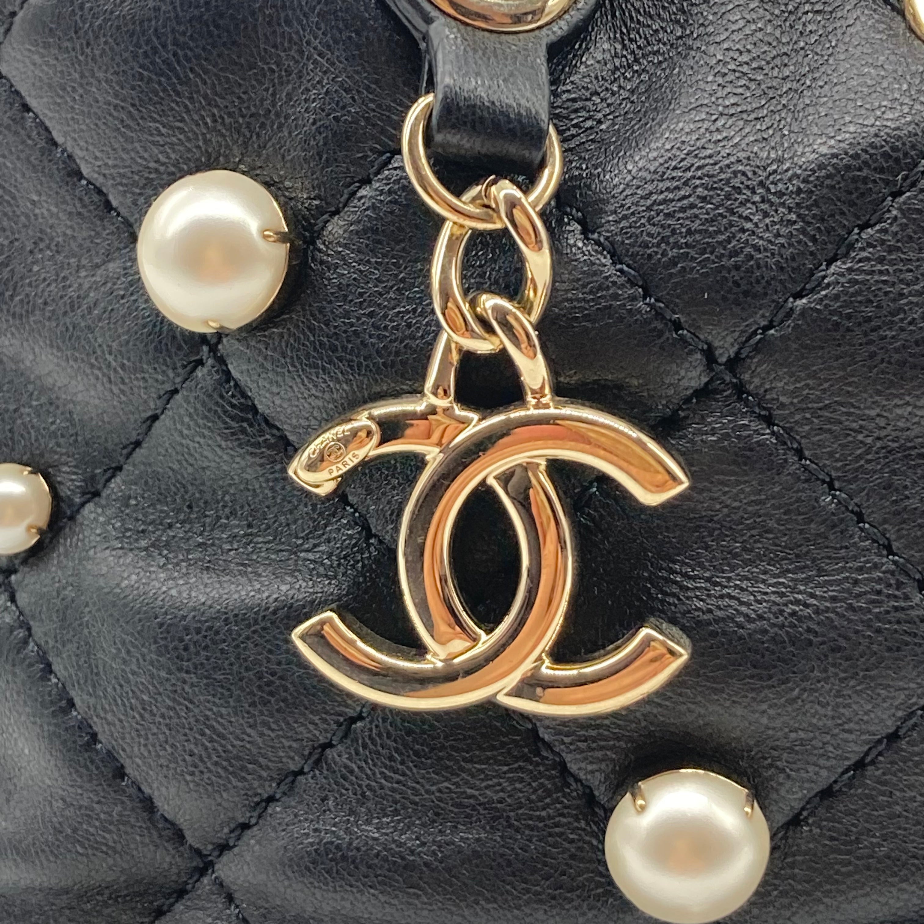 Chanel Lambskin Quilted Pearl Mini Bucket Black