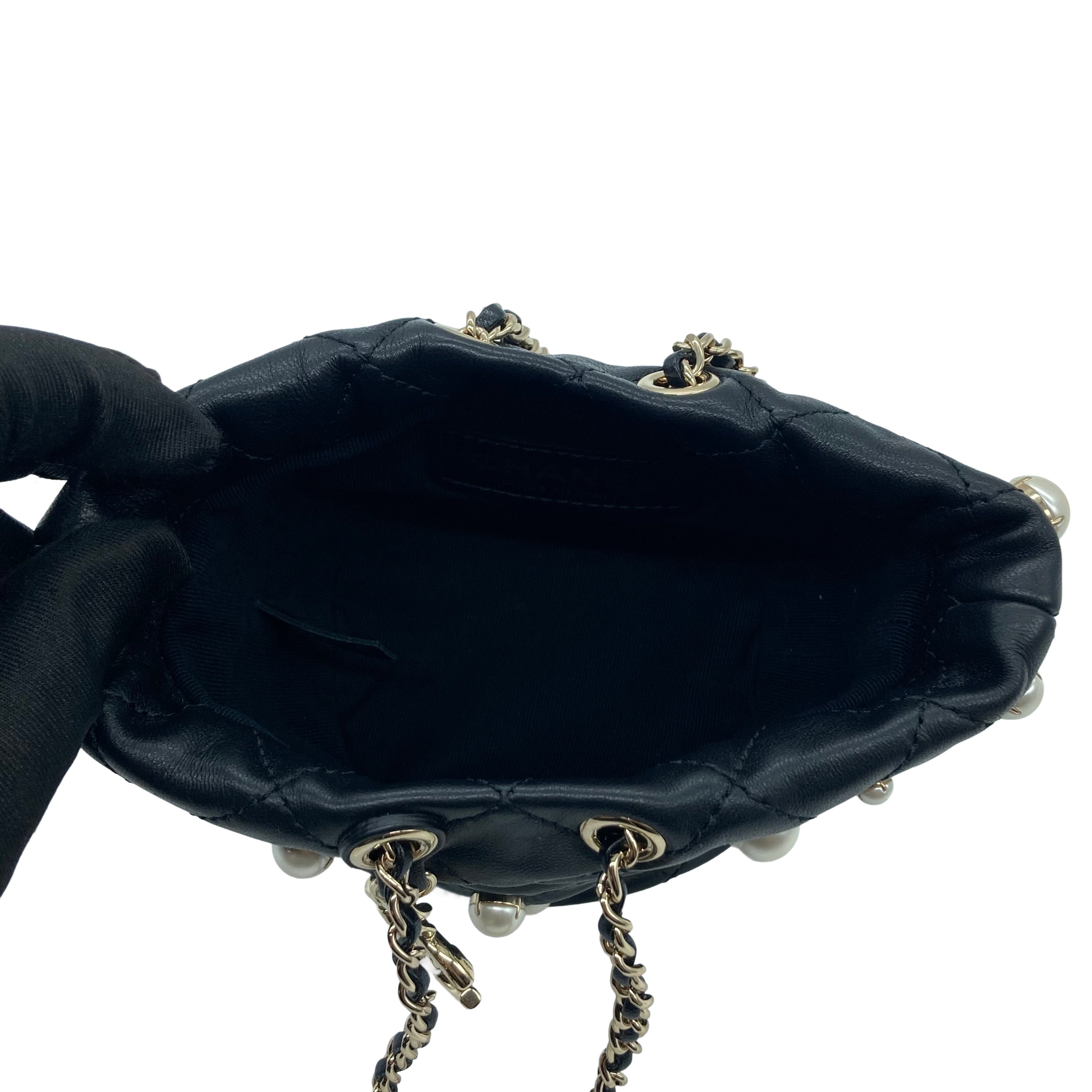 Chanel Lambskin Quilted Pearl Mini Bucket Black