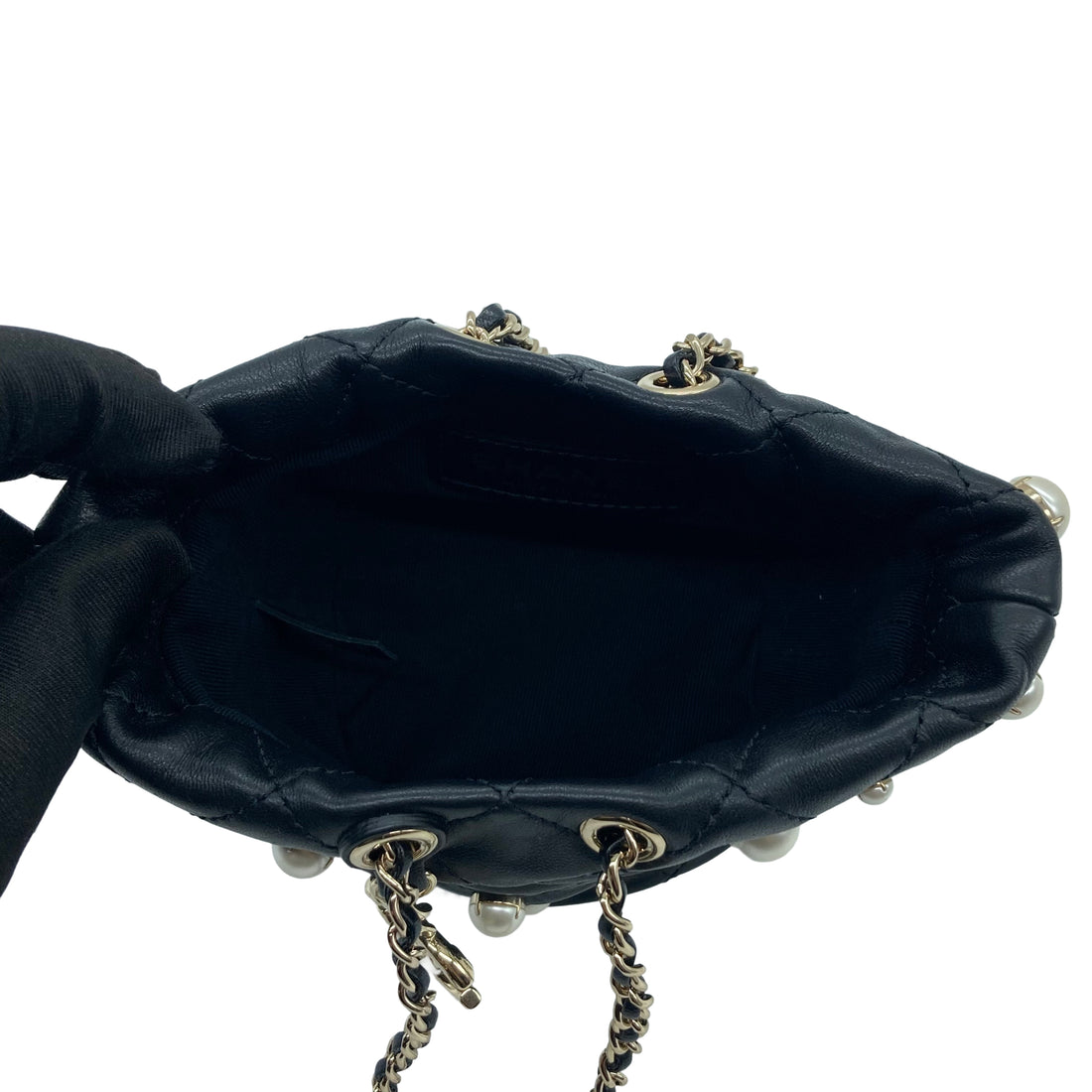 Chanel Lambskin Quilted Pearl Mini Bucket Black