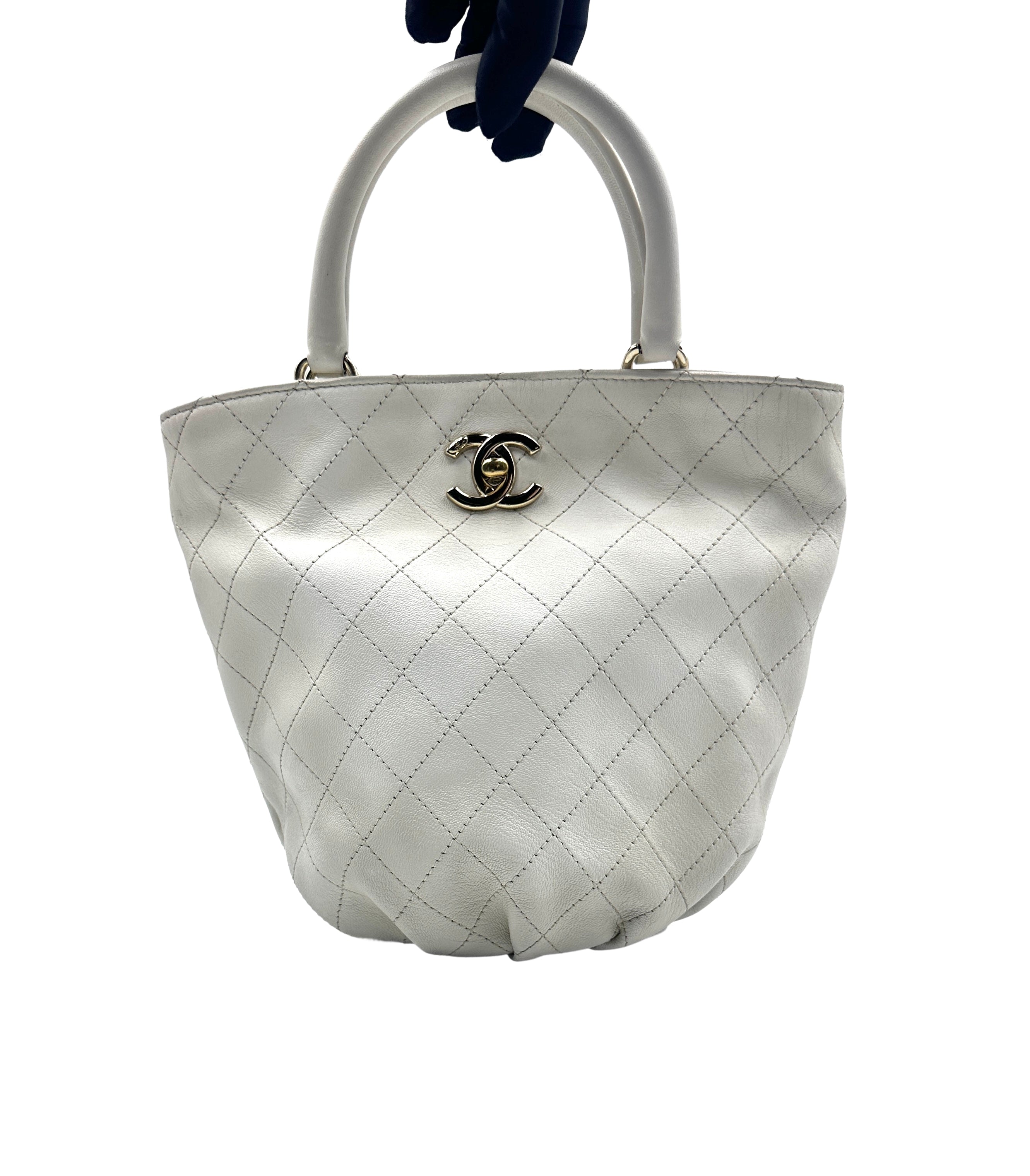 Chanel Quilted Calfskin Handle Bucket Bag White