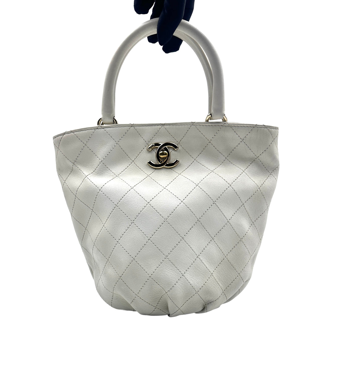 Chanel Quilted Calfskin Handle Bucket Bag White