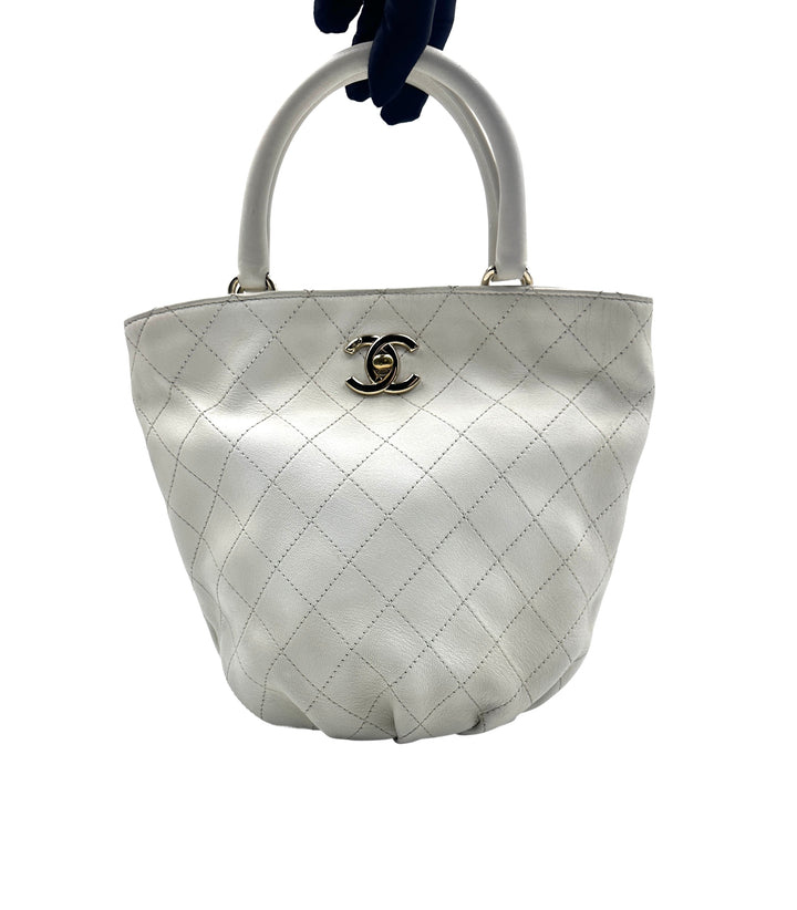 Chanel Quilted Calfskin Handle Bucket Bag White