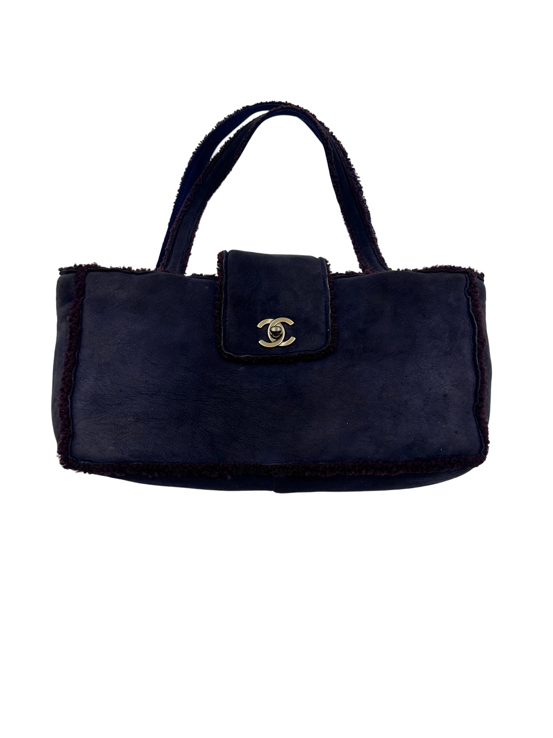 Chanel Suede and Shearling Teddy Baguette Shoulder Bag Dark Blue