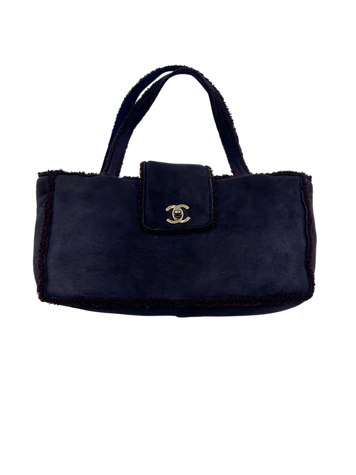 Chanel Suede and Shearling Teddy Baguette Shoulder Bag Dark Blue