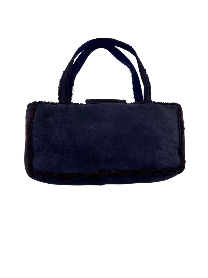 Chanel Suede and Shearling Teddy Baguette Shoulder Bag Dark Blue