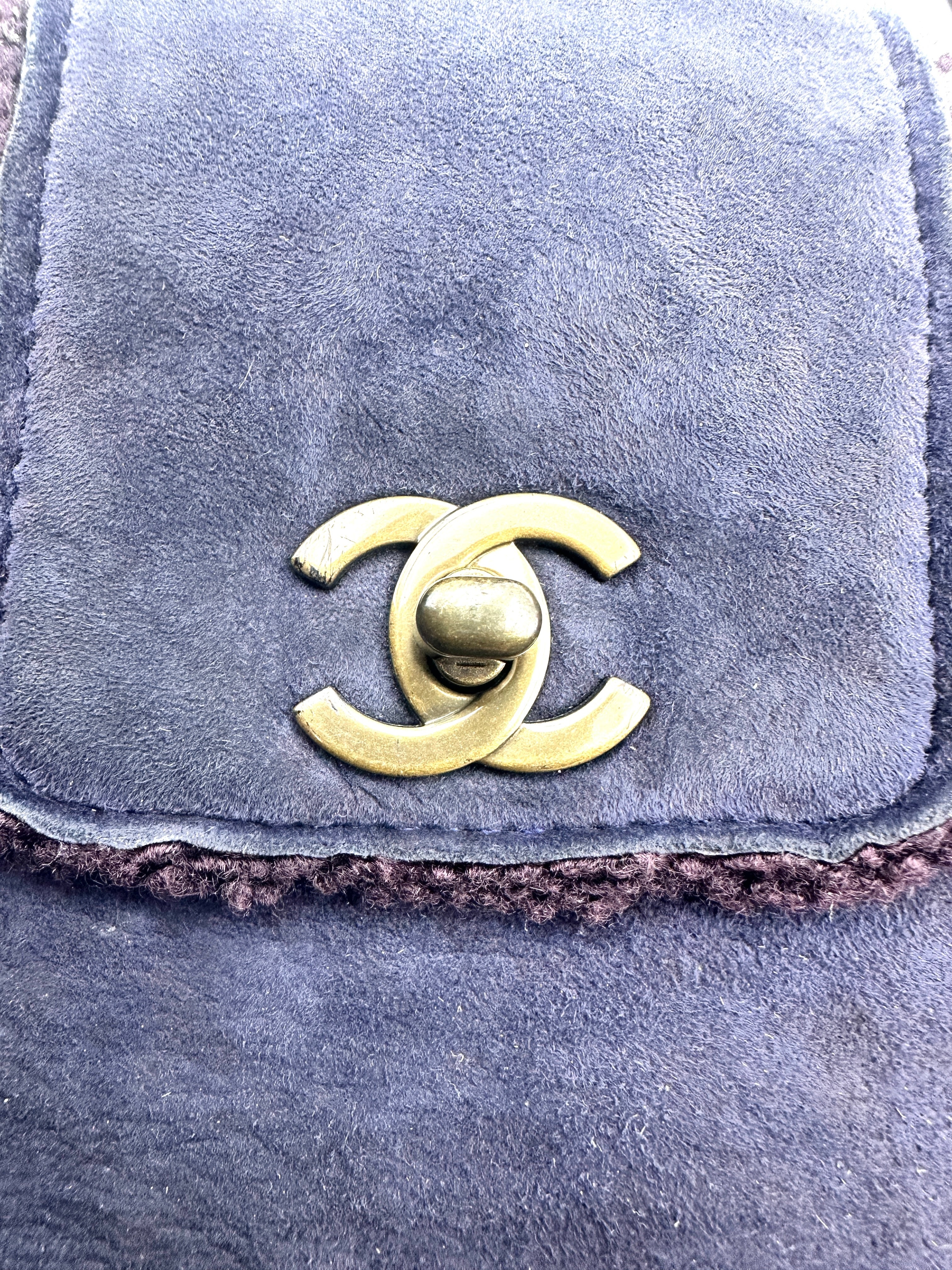 Chanel Suede and Shearling Teddy Baguette Shoulder Bag Dark Blue