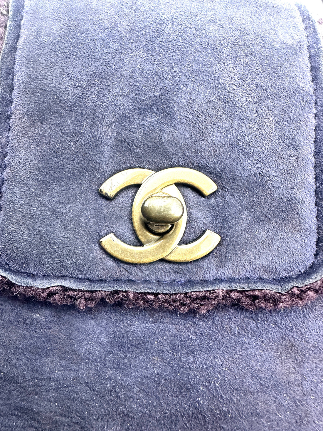 Chanel Suede and Shearling Teddy Baguette Shoulder Bag Dark Blue