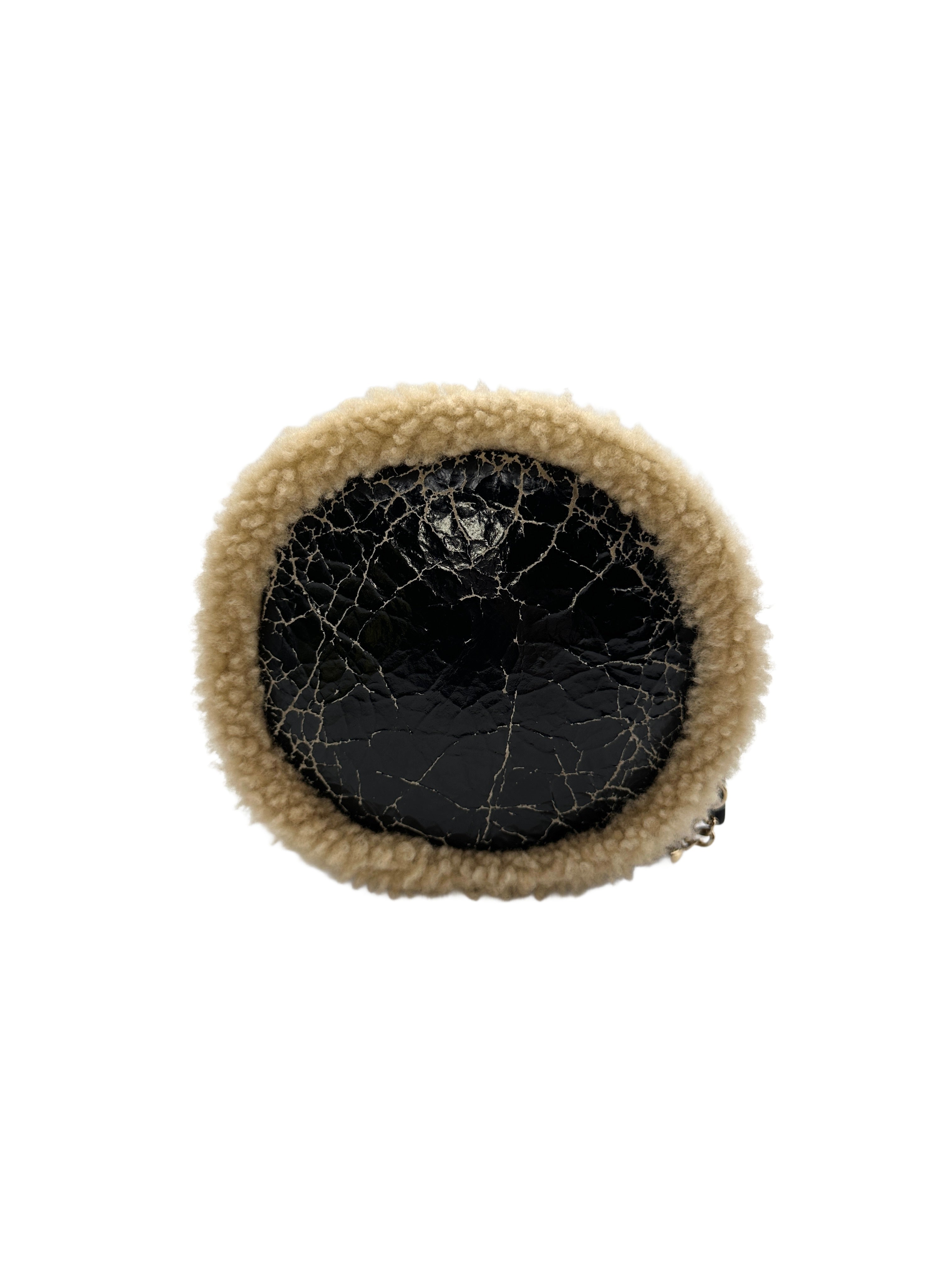 Chanel Black Shiny Crumpled Sheepskin Shearling Round Cluch Bag with Chain