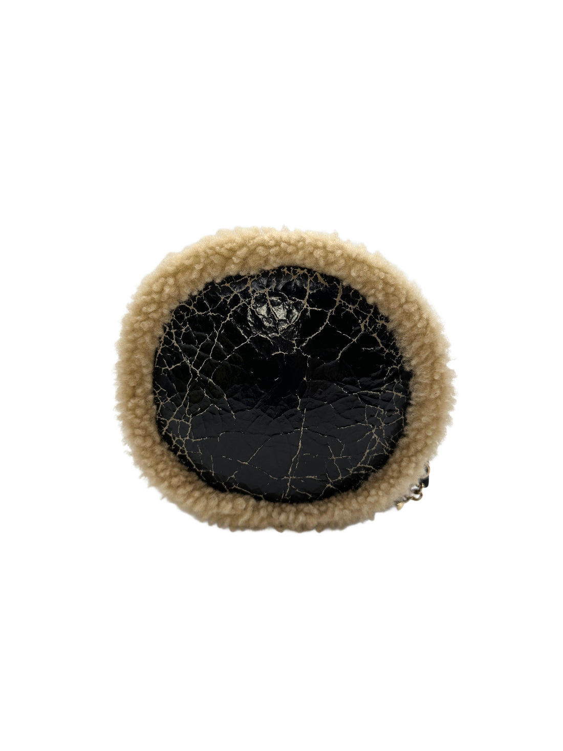 Chanel Black Shiny Crumpled Sheepskin Shearling Round Cluch Bag with Chain