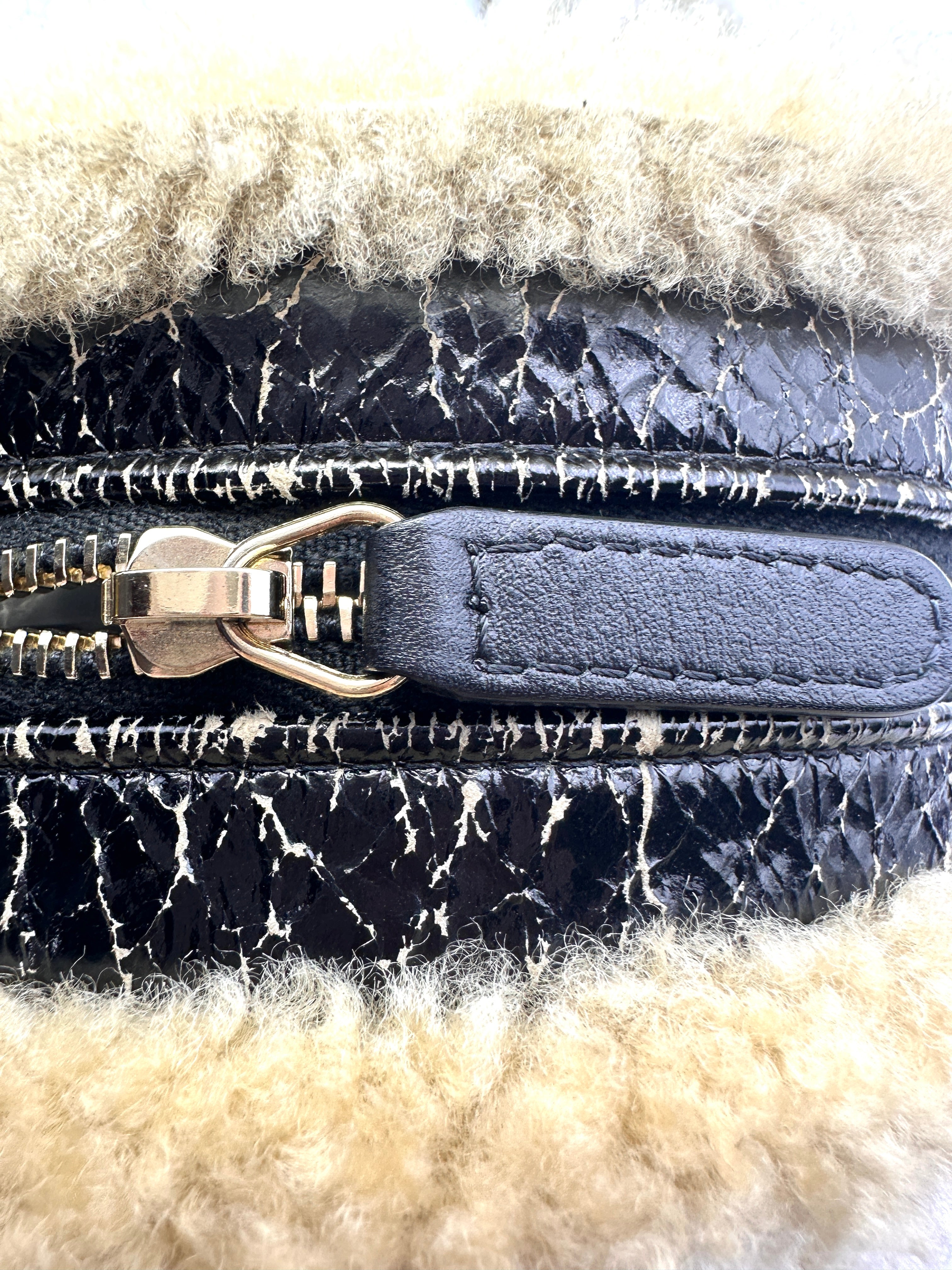 Chanel Black Shiny Crumpled Sheepskin Shearling Round Cluch Bag with Chain
