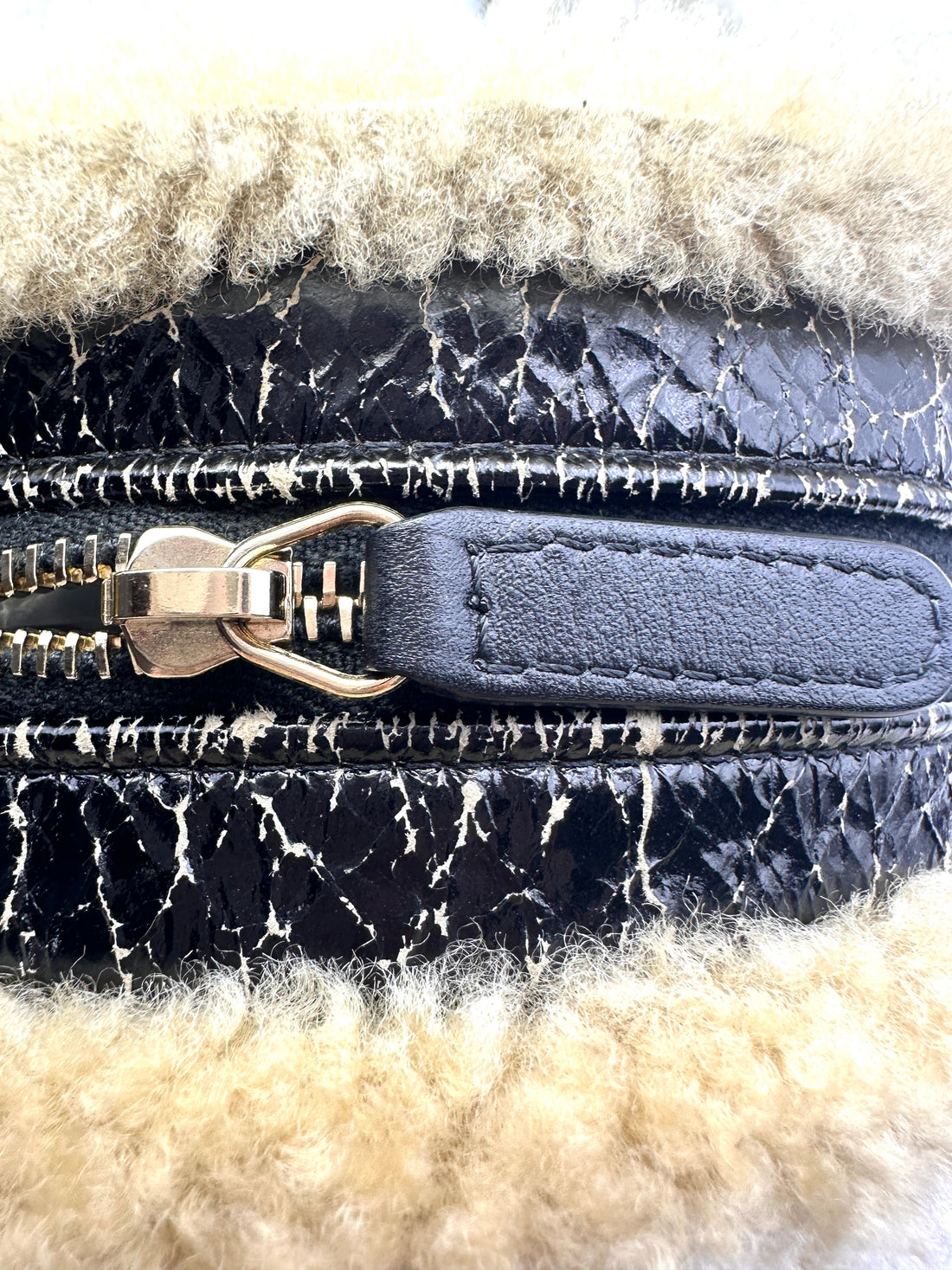Chanel Black Shiny Crumpled Sheepskin Shearling Round Cluch Bag with Chain