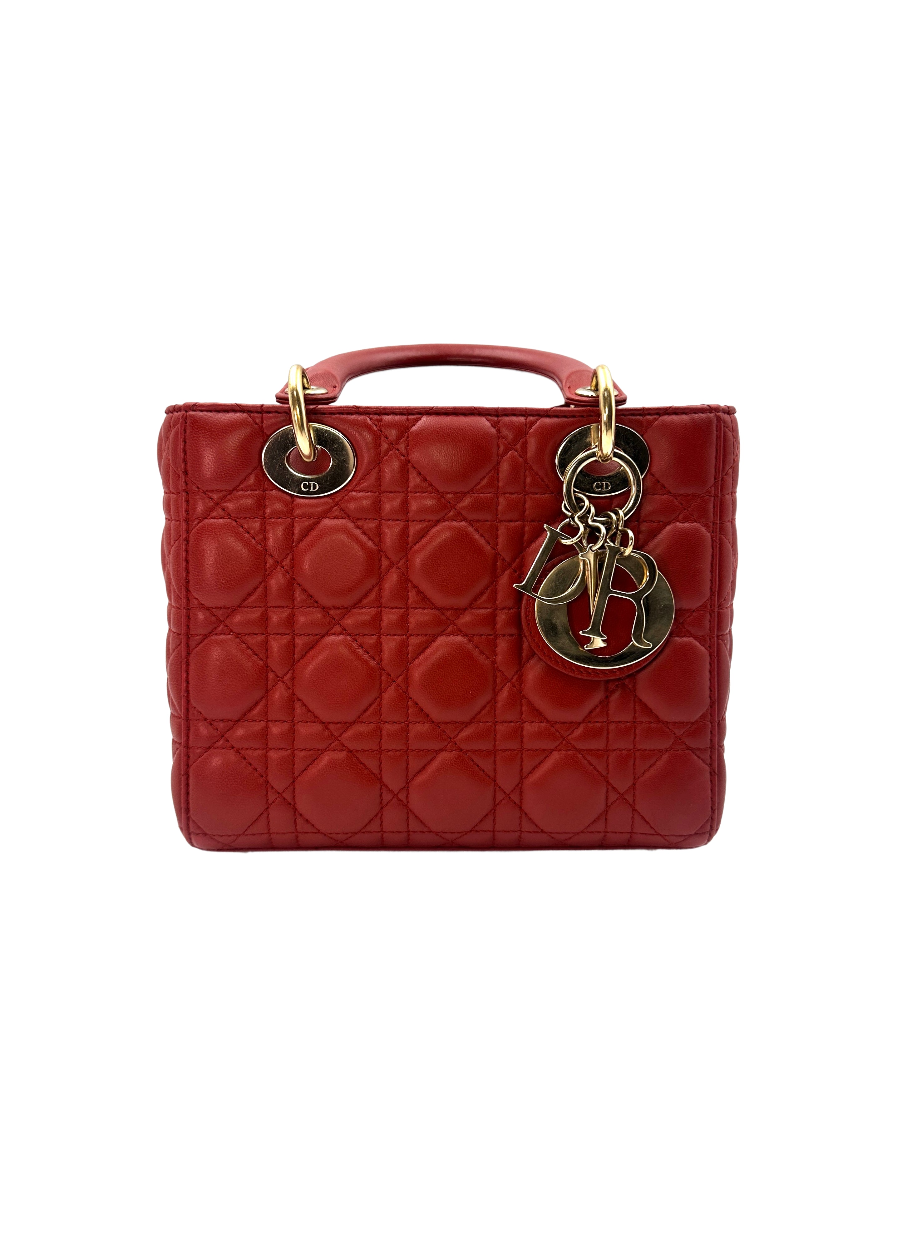 Christian Dior Lady Dior Red Cannage Handle Bag with Charms