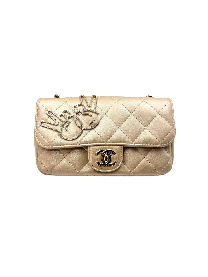 Chanel V For Victory Champagne Mini Flap Crossbody Bag Gold