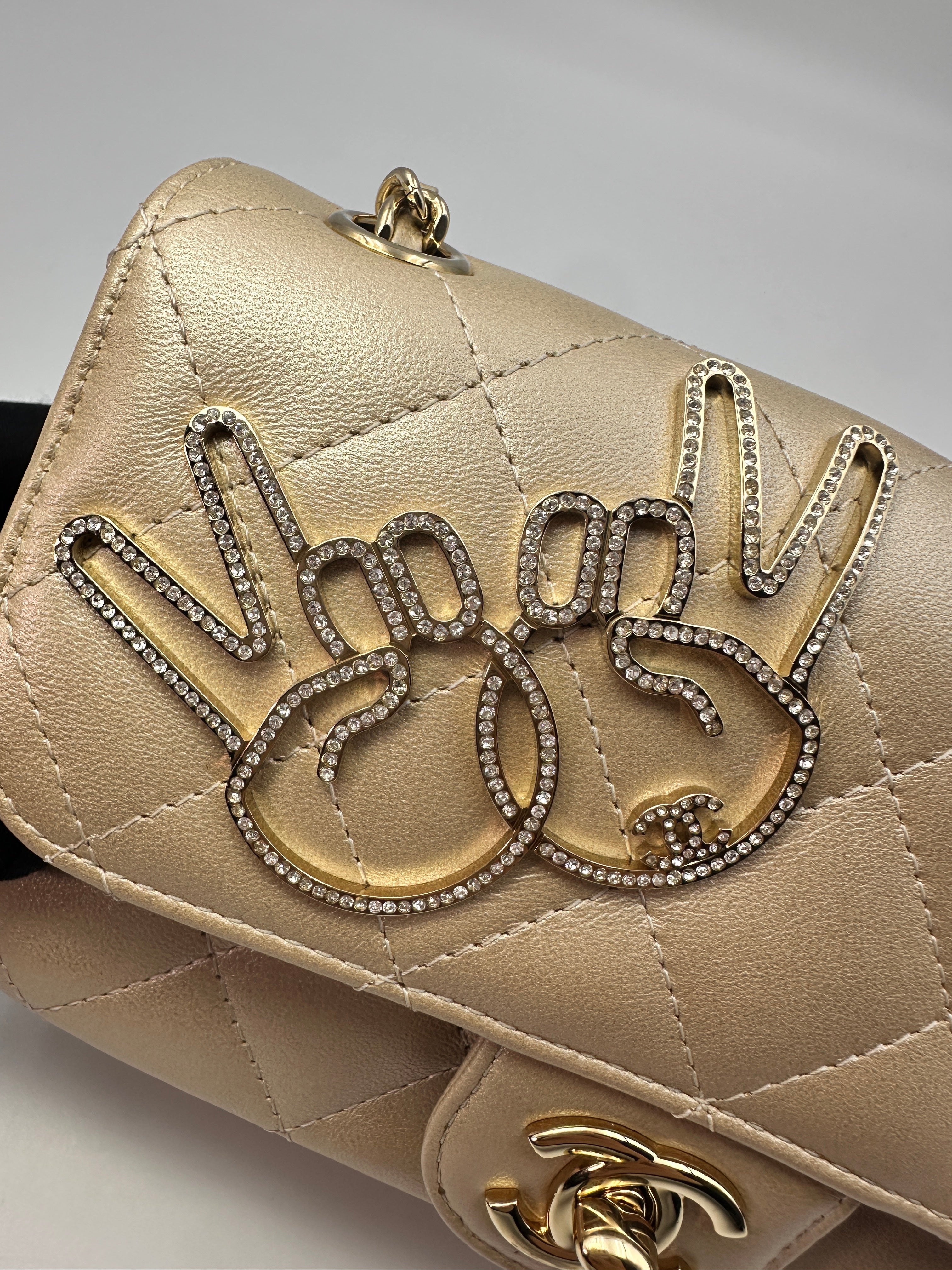 Chanel V For Victory Champagne Mini Flap Crossbody Bag Gold