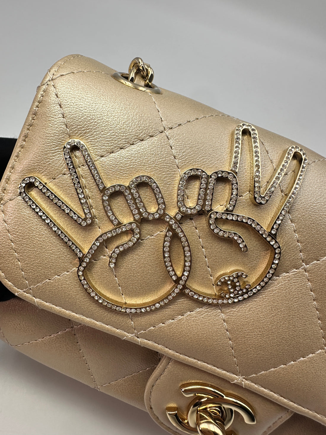 Chanel V For Victory Champagne Mini Flap Crossbody Bag Gold