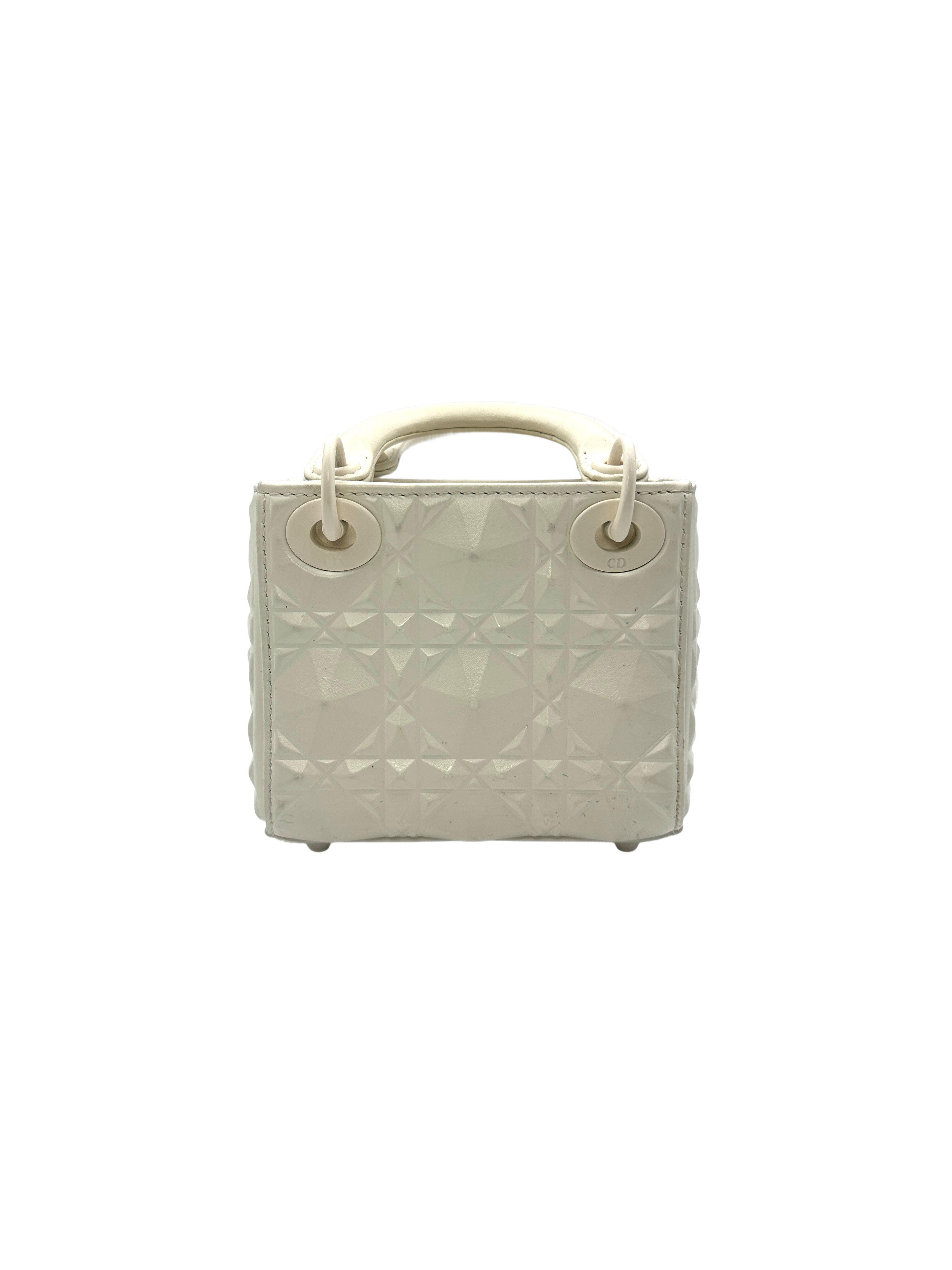 Christian Dior Lady Dior White Diamond Cannage Mini Handle Bag With Charms