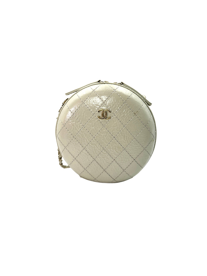 Chanel White Caviar Calfskin Leather Round Clutch With Gold Hardware