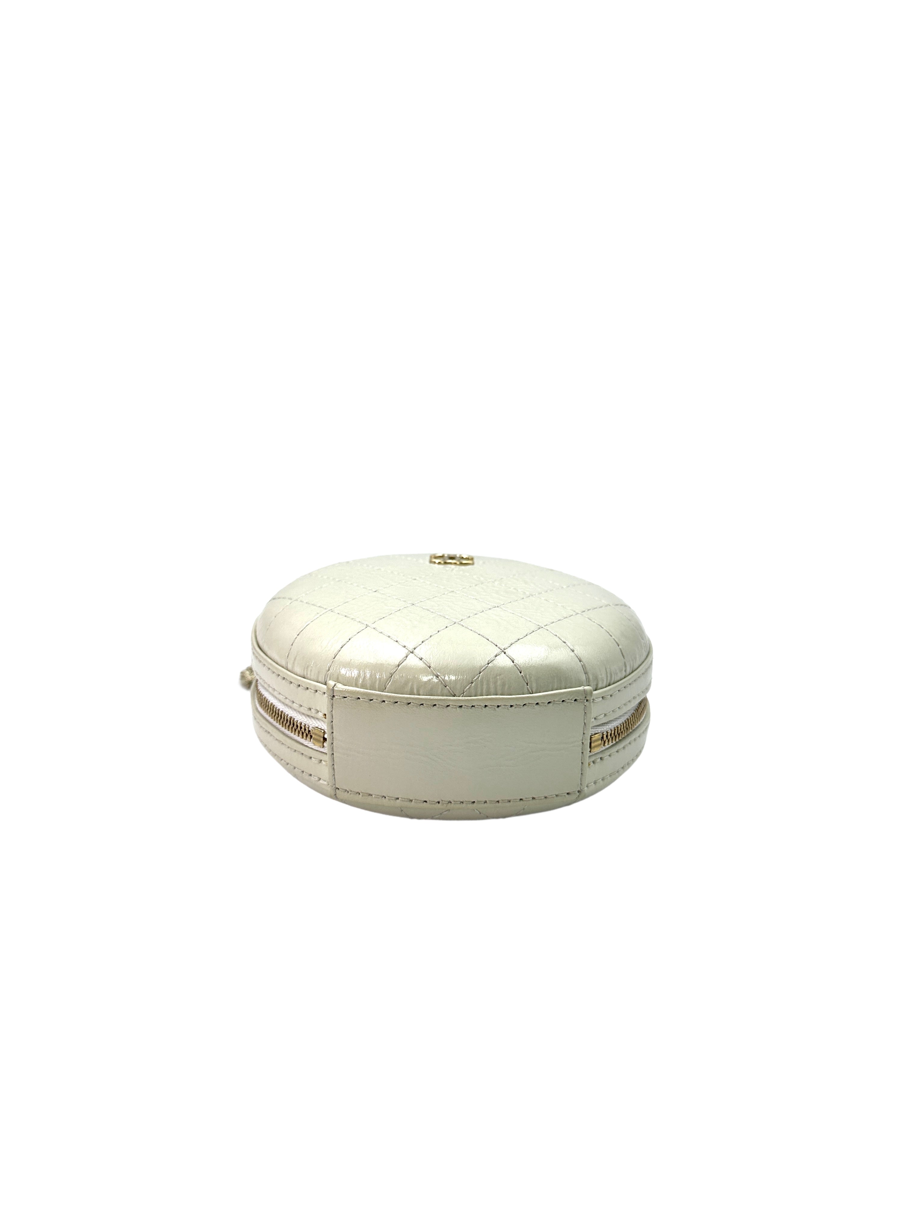 Chanel White Caviar Calfskin Leather Round Clutch With Gold Hardware