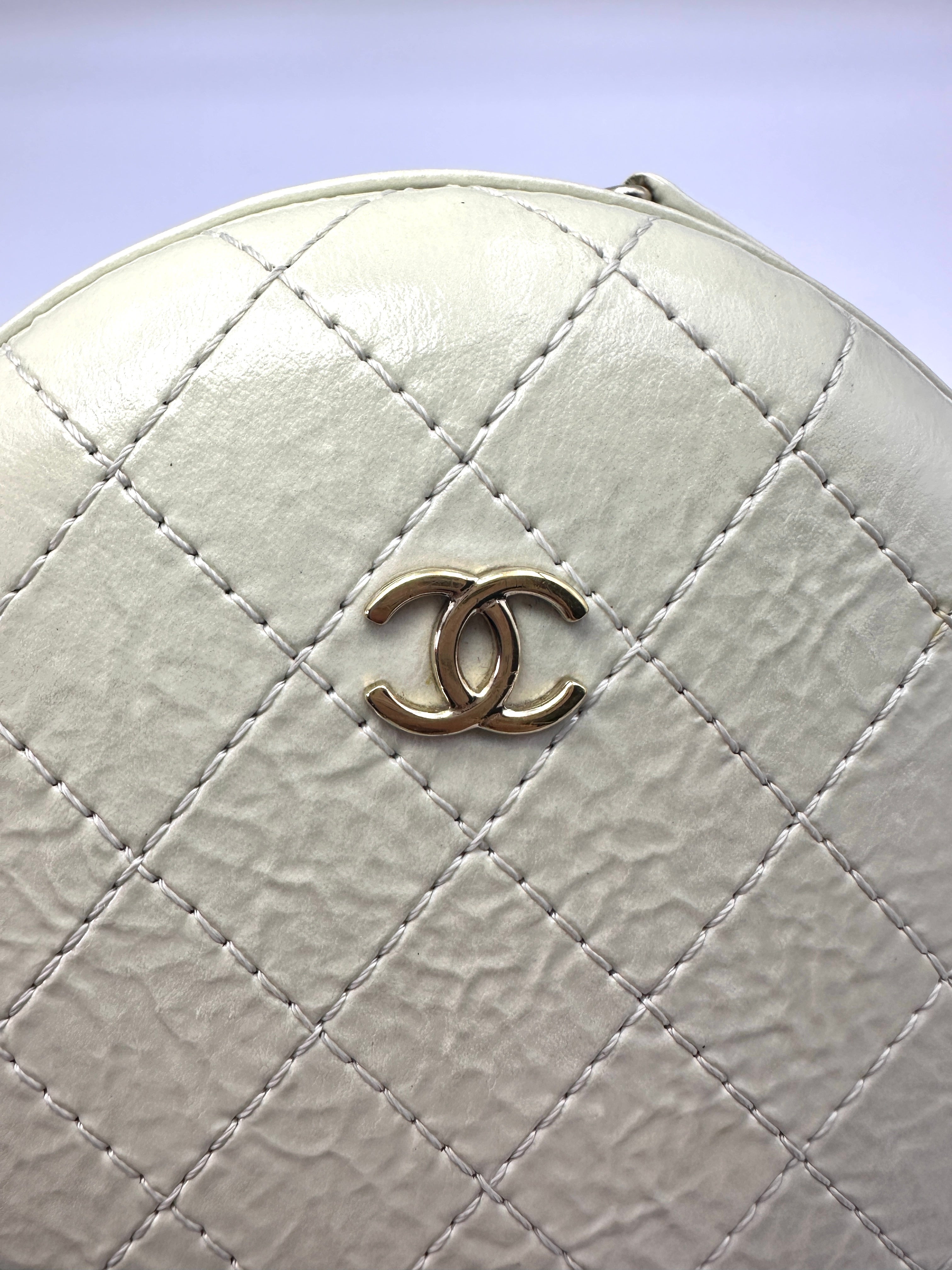 Chanel White Caviar Calfskin Leather Round Clutch With Gold Hardware