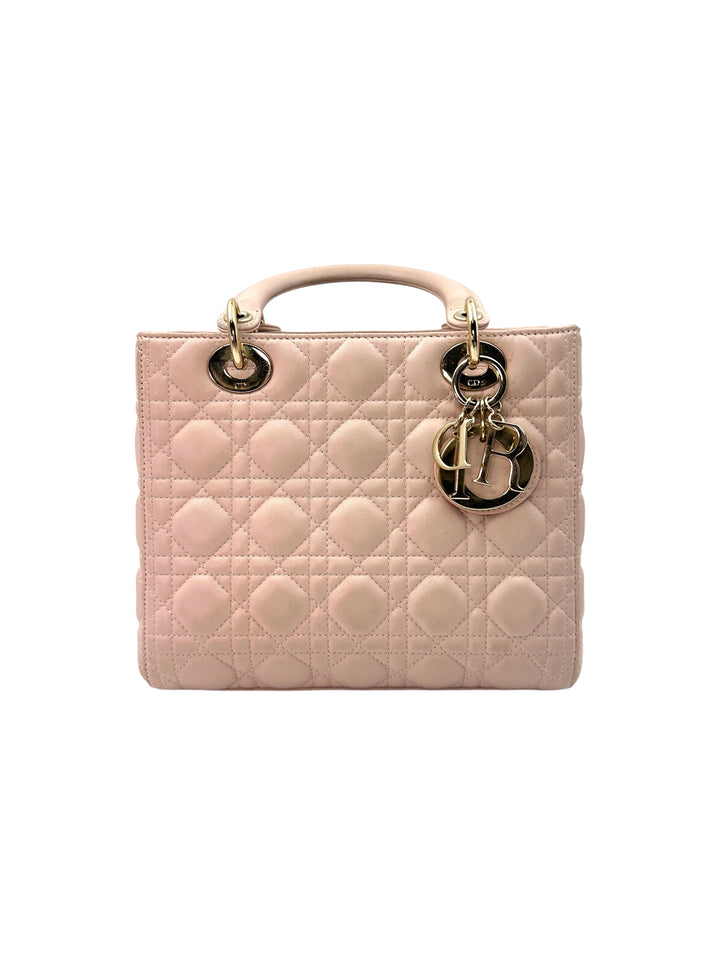 Christian Dior Lady Dior Pink Cannage Leather Handle Bag With Gold Charms