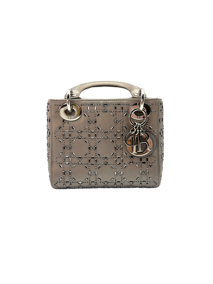 Christian Dior Lady Dior Crystal Embellished Grey Satin Cannage Leather Handle Bag With Silver Charms