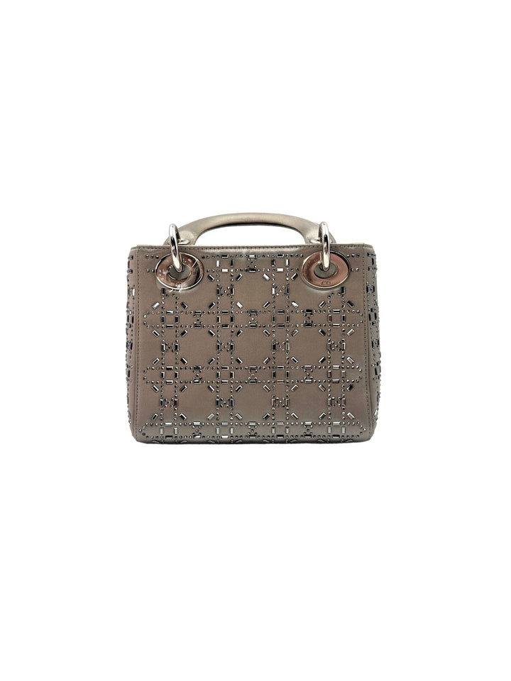 Christian Dior Lady Dior Crystal Embellished Grey Satin Cannage Leather Handle Bag With Silver Charms