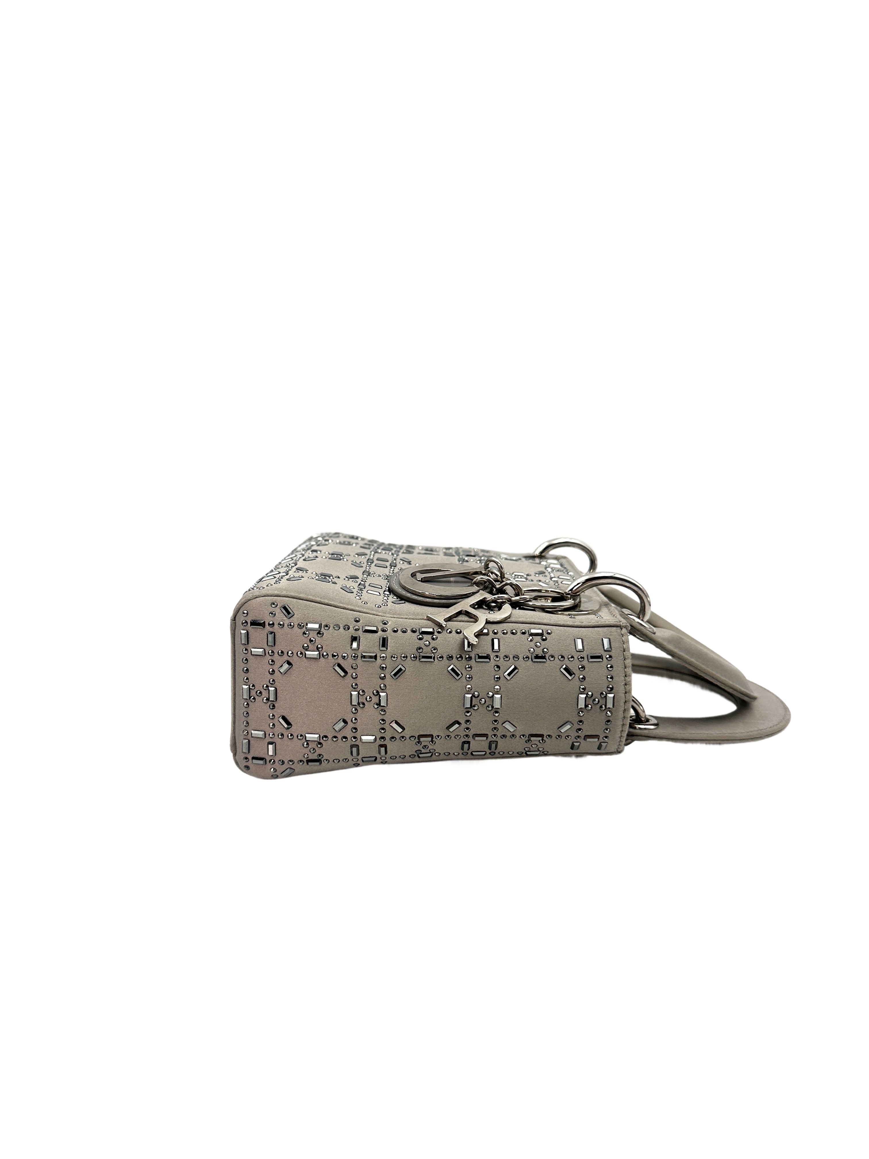 Christian Dior Lady Dior Crystal Embellished Grey Satin Cannage Leather Handle Bag With Silver Charms
