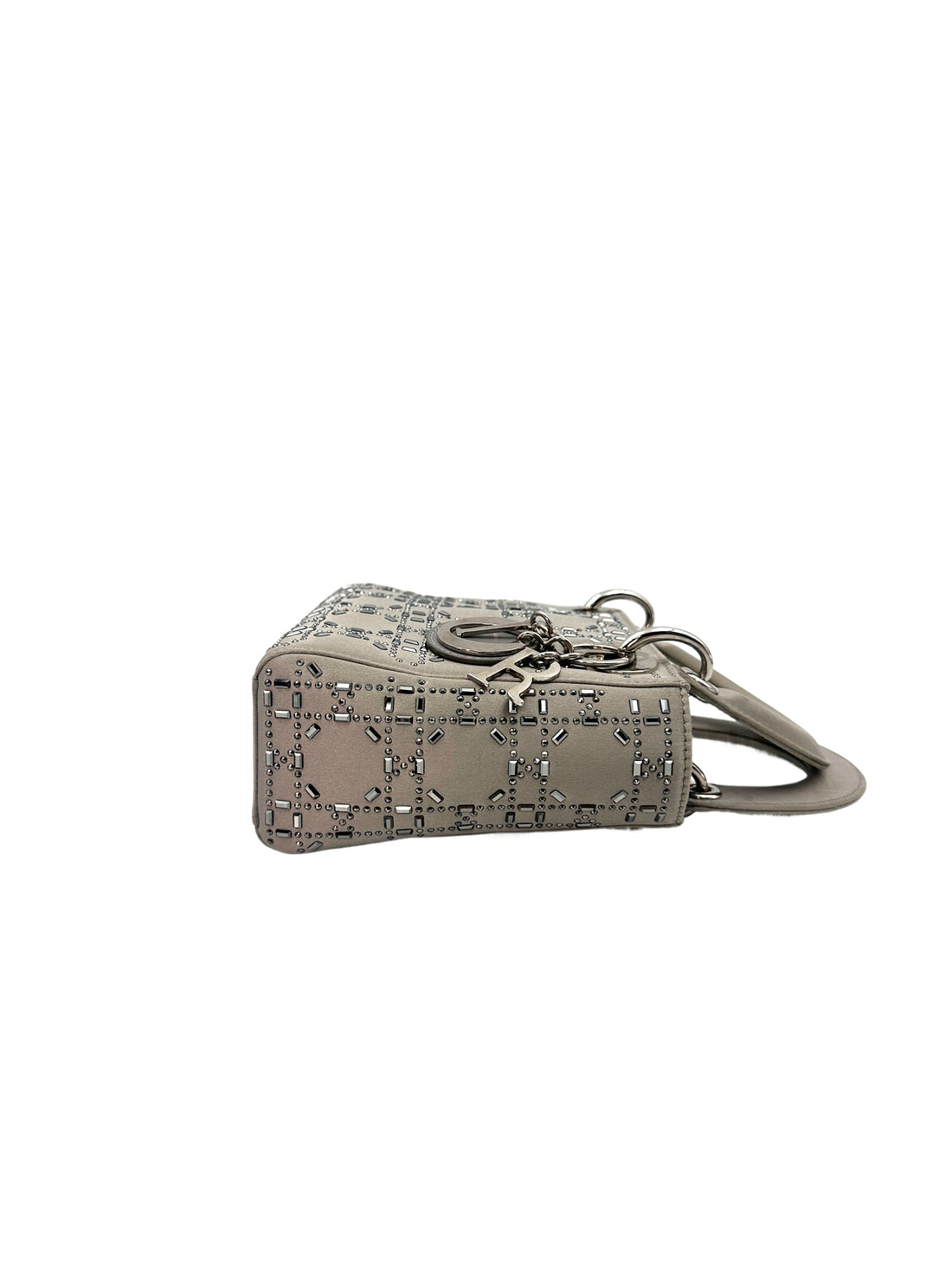 Christian Dior Lady Dior Crystal Embellished Grey Satin Cannage Leather Handle Bag With Silver Charms