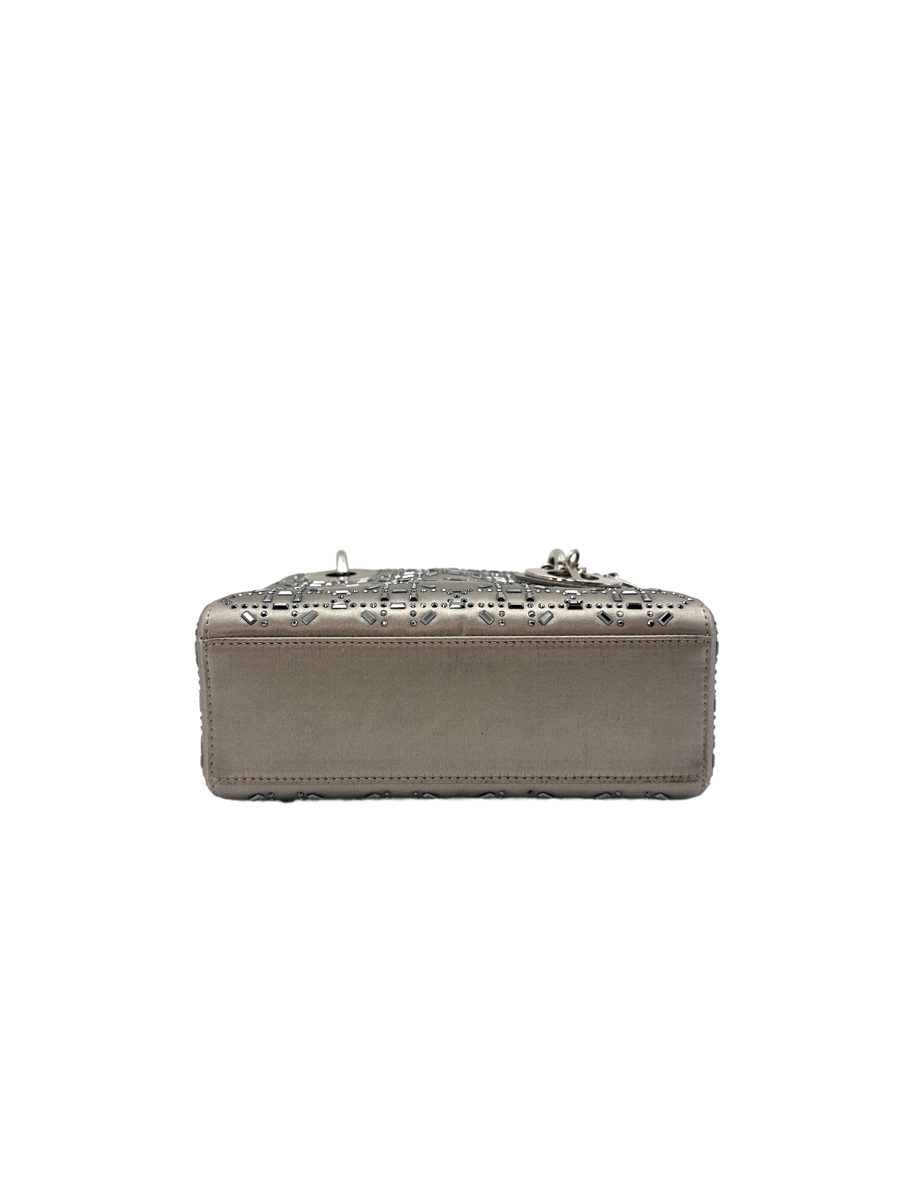 Christian Dior Lady Dior Crystal Embellished Grey Satin Cannage Leather Handle Bag With Silver Charms