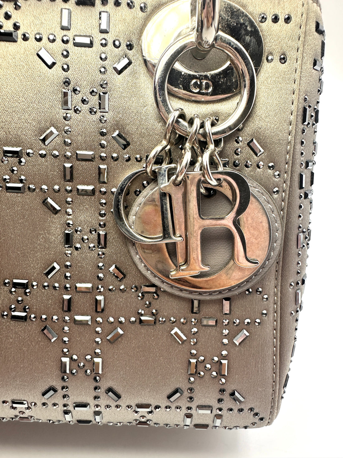 Christian Dior Lady Dior Crystal Embellished Grey Satin Cannage Leather Handle Bag With Silver Charms