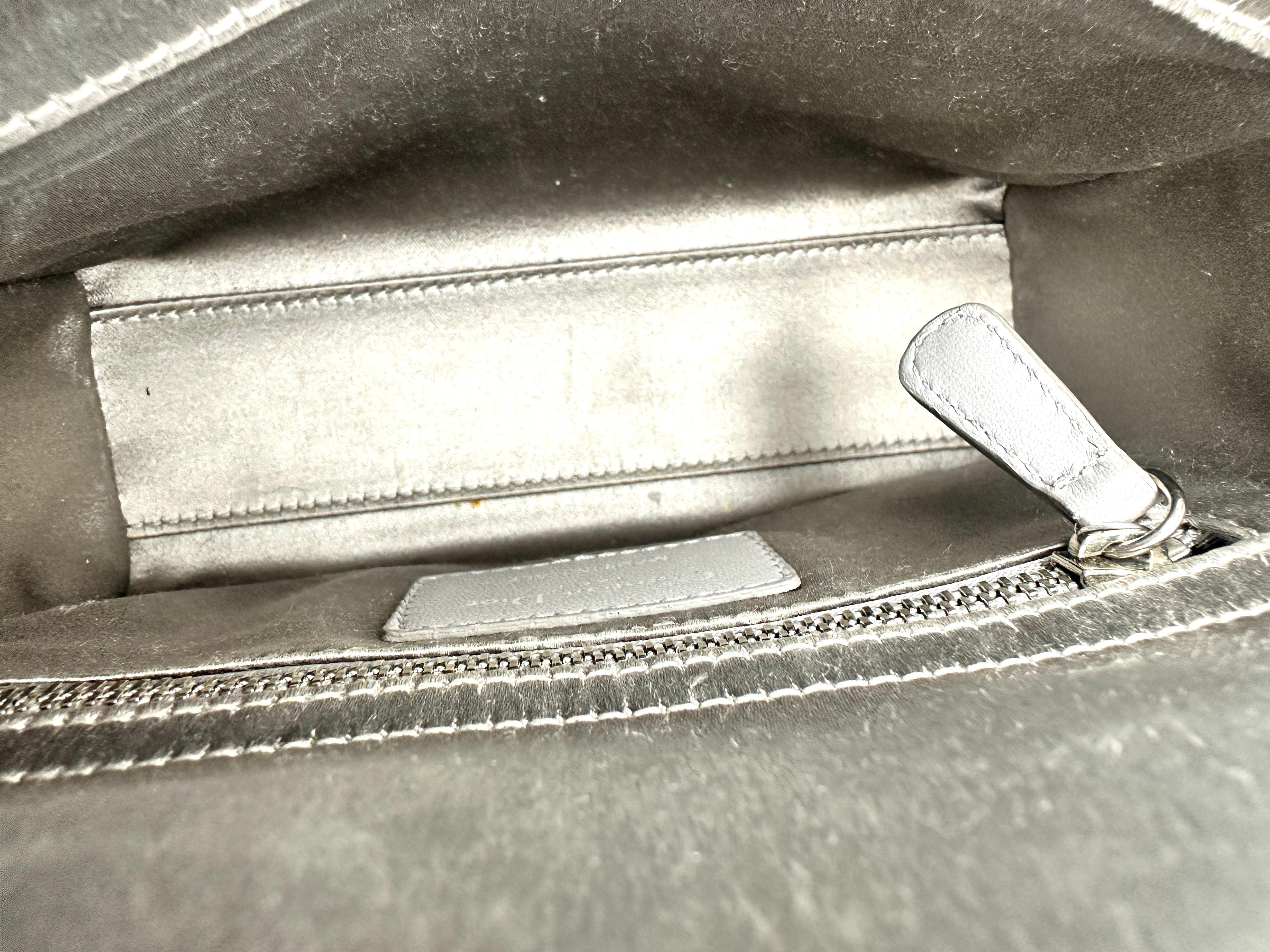 Christian Dior Lady Dior Crystal Embellished Grey Satin Cannage Leather Handle Bag With Silver Charms