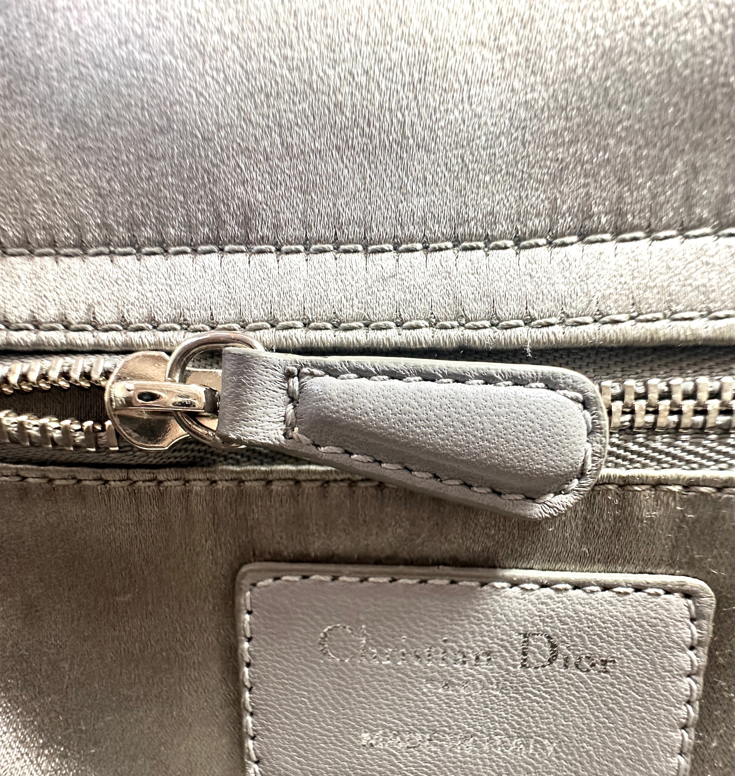 Christian Dior Lady Dior Crystal Embellished Grey Satin Cannage Leather Handle Bag With Silver Charms