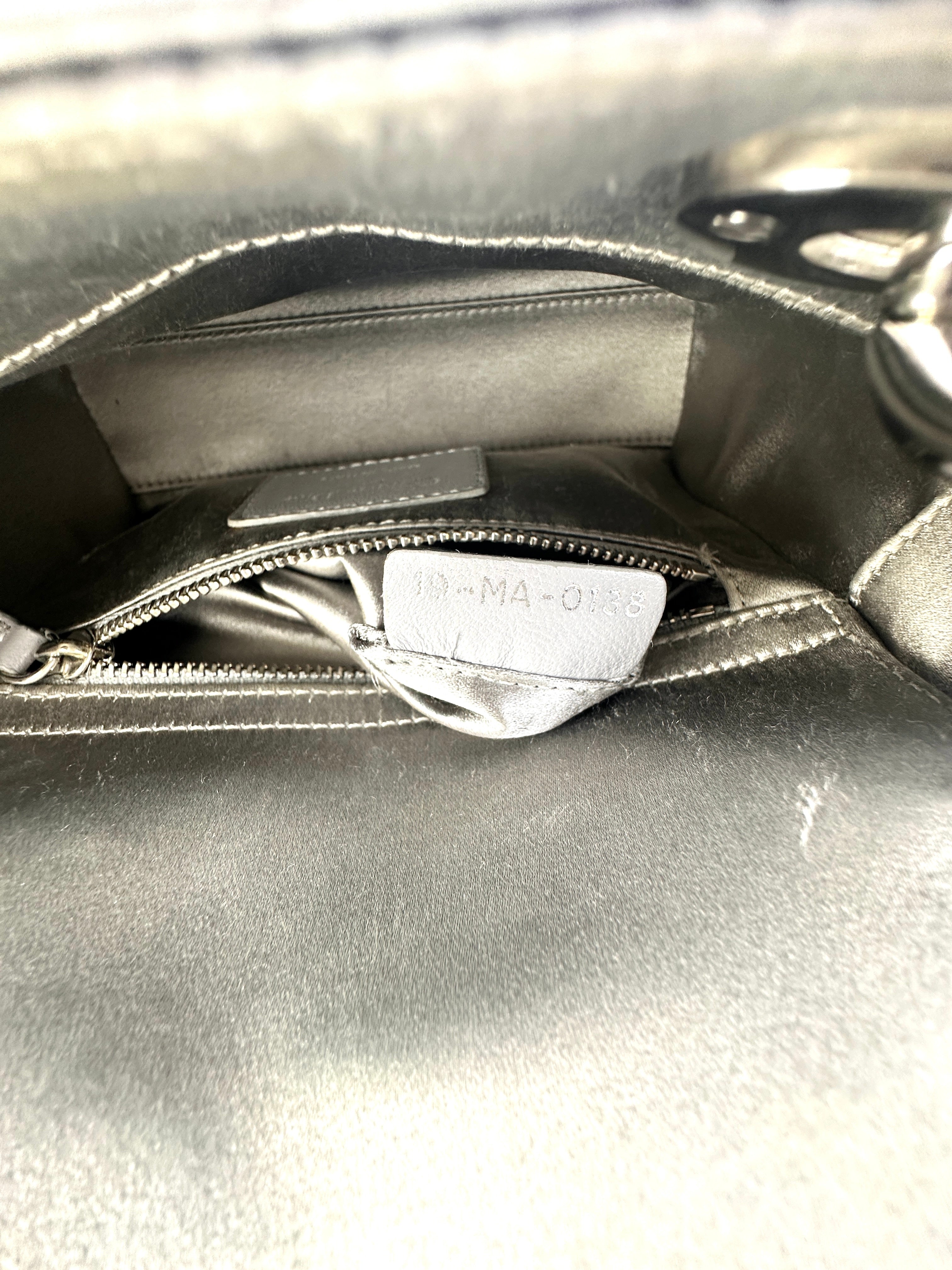 Christian Dior Lady Dior Crystal Embellished Grey Satin Cannage Leather Handle Bag With Silver Charms