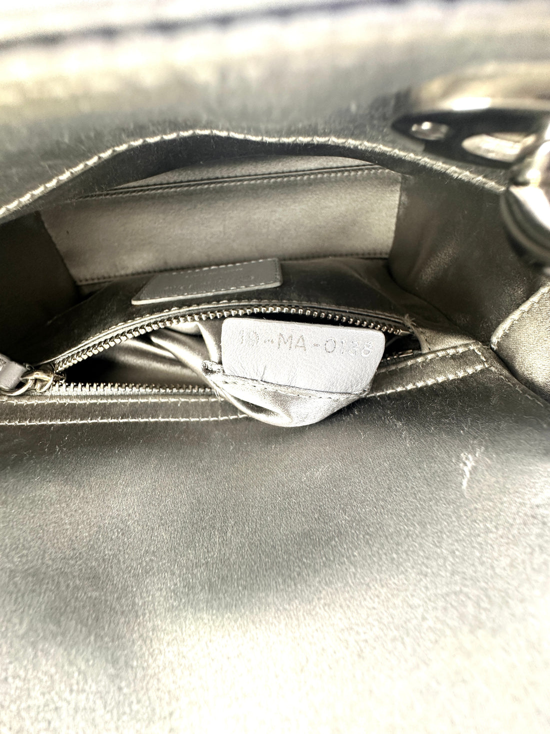 Christian Dior Lady Dior Crystal Embellished Grey Satin Cannage Leather Handle Bag With Silver Charms