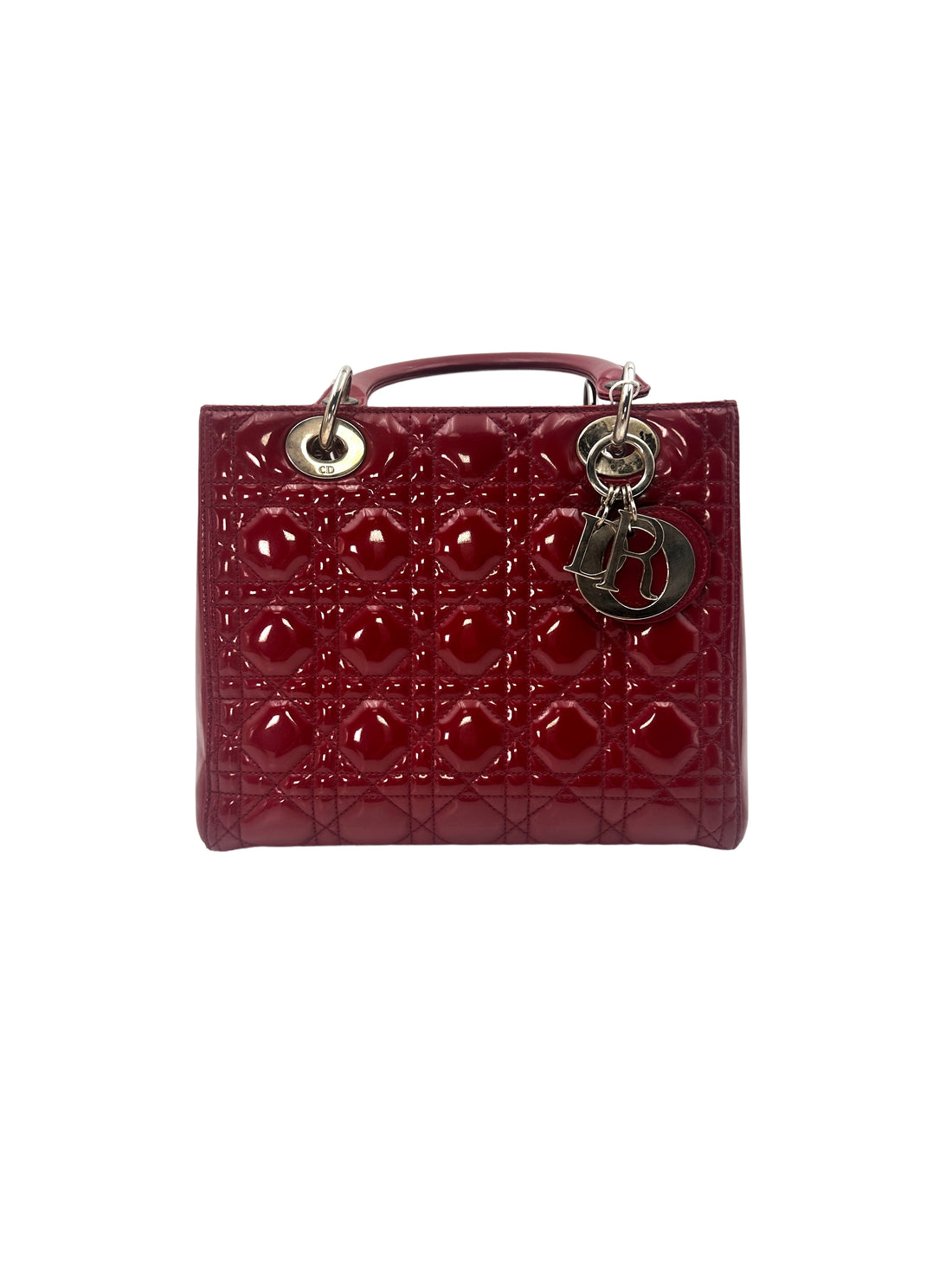 Christian Dior Lady Dior Red Patent Cannage Leather Handle Bag With Silver Charms