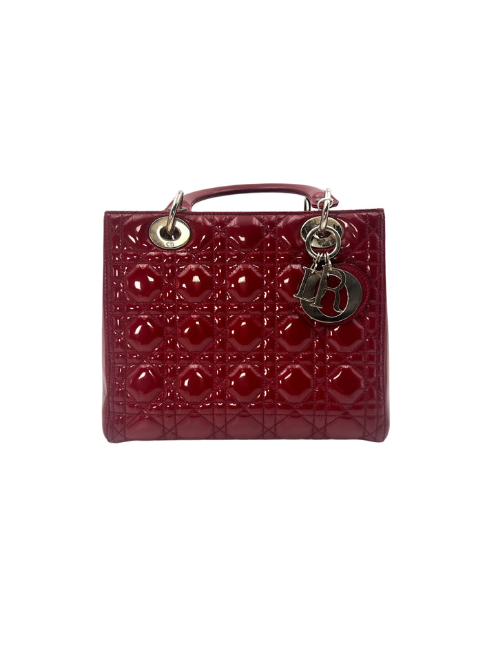 Christian Dior Lady Dior Red Patent Cannage Leather Handle Bag With Silver Charms