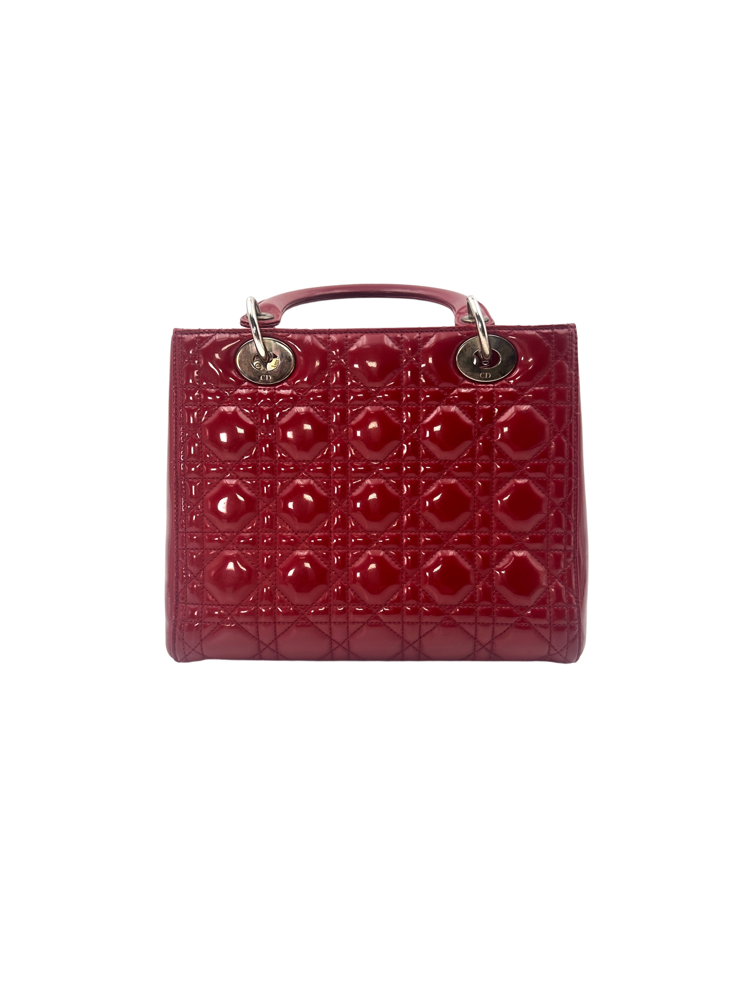 Christian Dior Lady Dior Red Patent Cannage Leather Handle Bag With Silver Charms