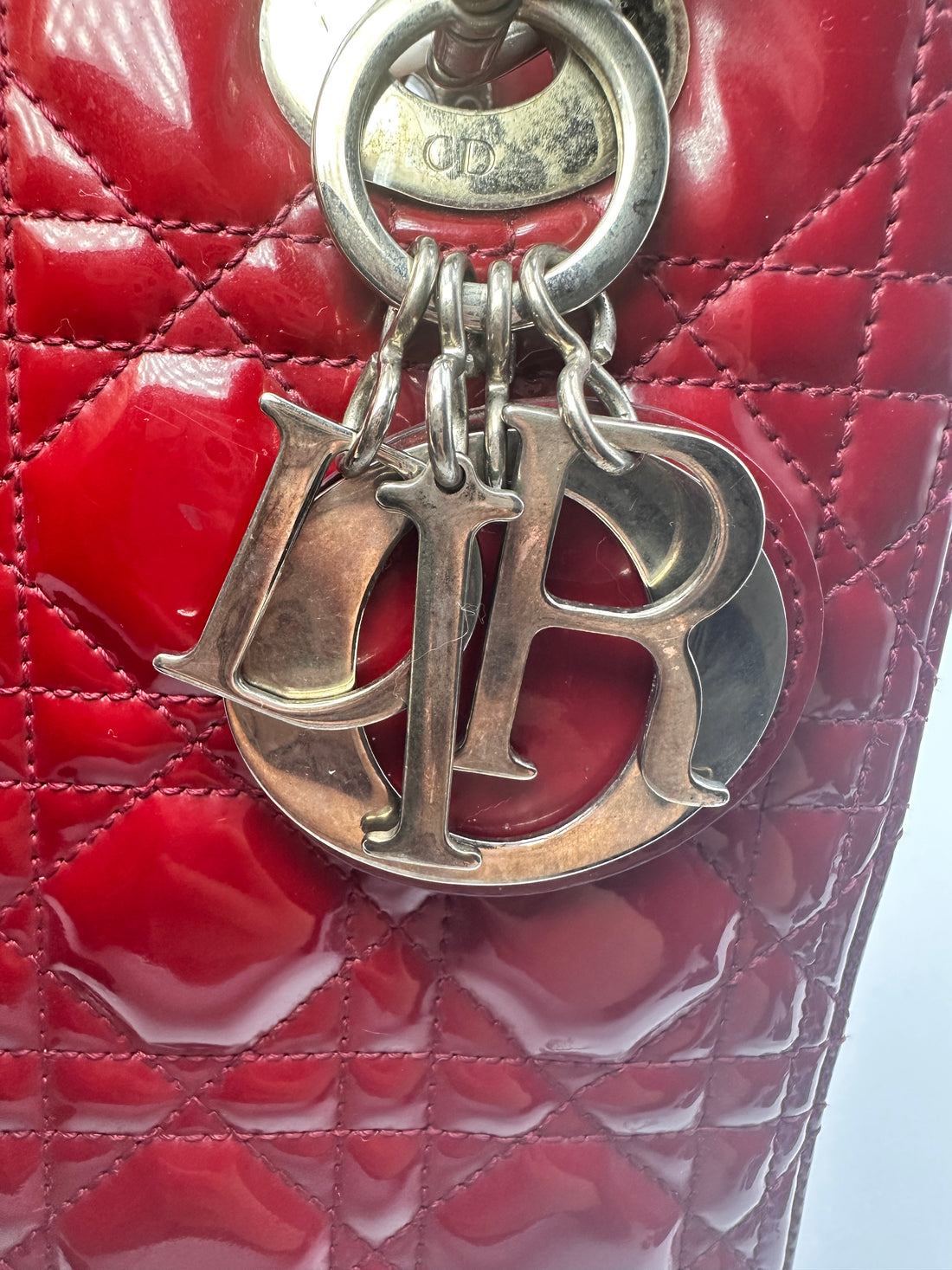 Christian Dior Lady Dior Red Patent Cannage Leather Handle Bag With Silver Charms
