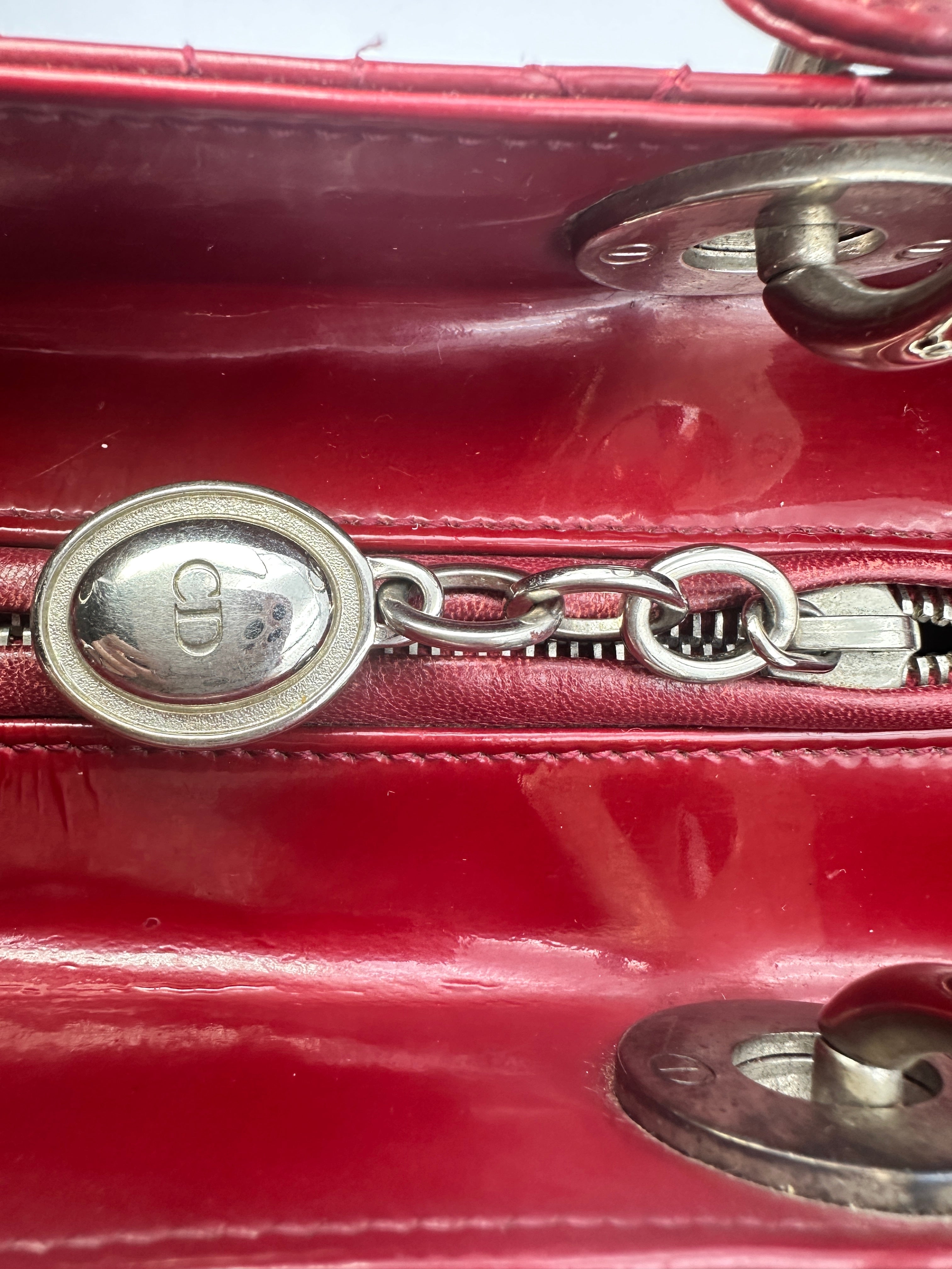 Christian Dior Lady Dior Red Patent Cannage Leather Handle Bag With Silver Charms
