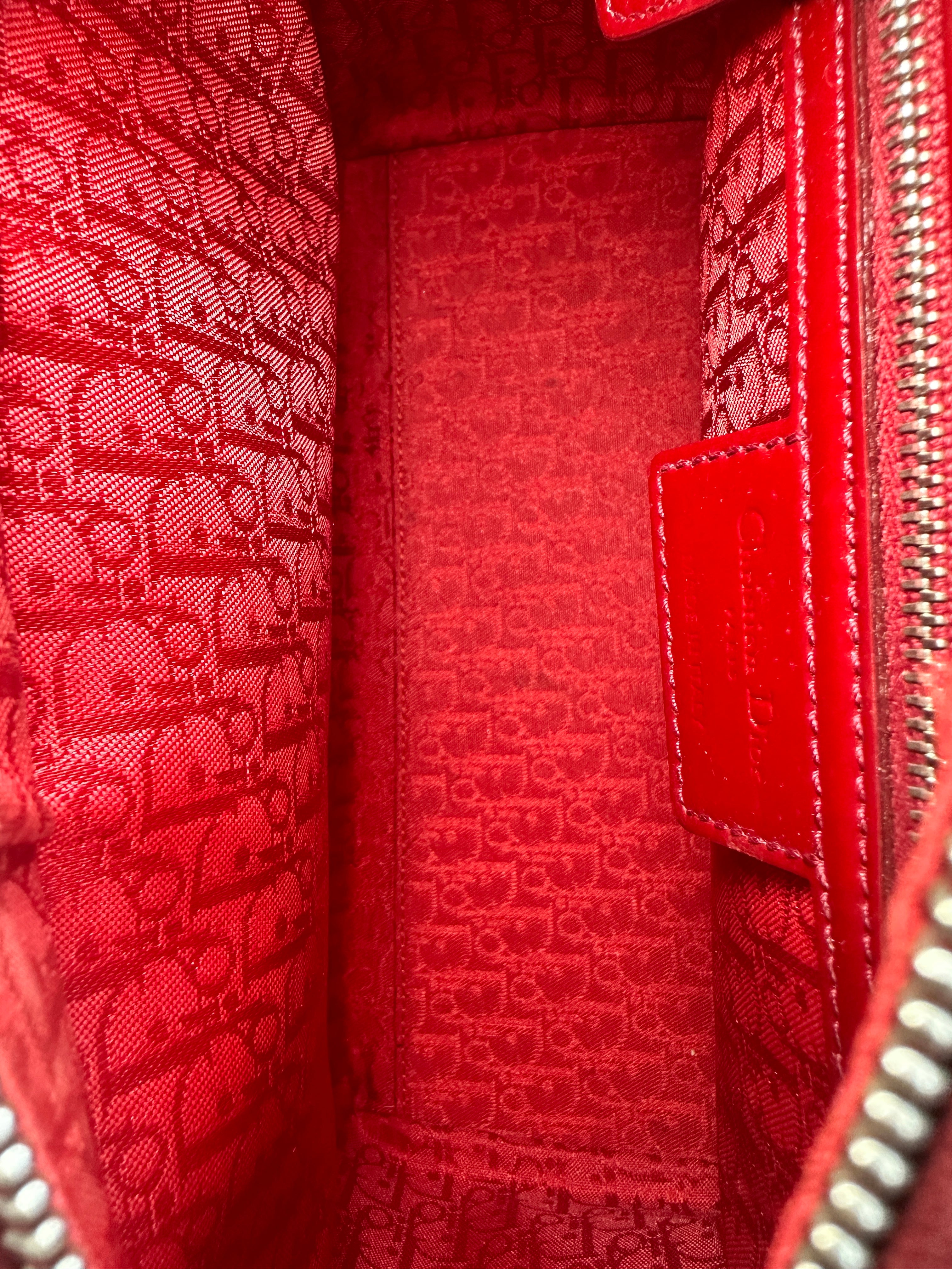 Christian Dior Lady Dior Red Patent Cannage Leather Handle Bag With Silver Charms