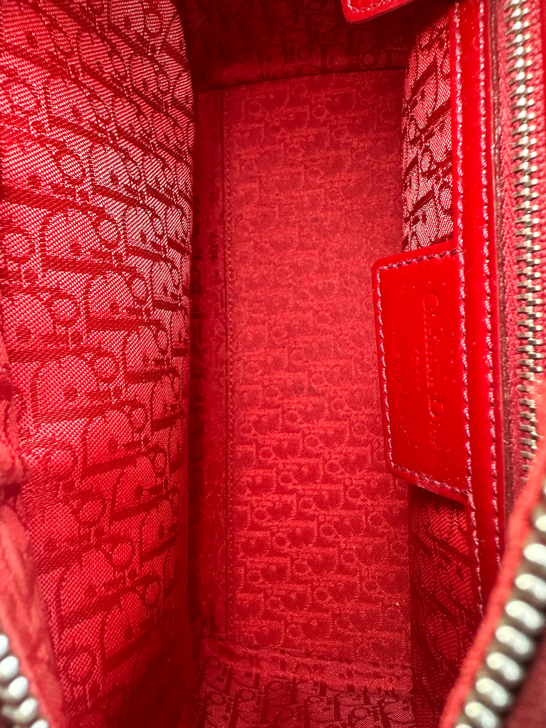 Christian Dior Lady Dior Red Patent Cannage Leather Handle Bag With Silver Charms