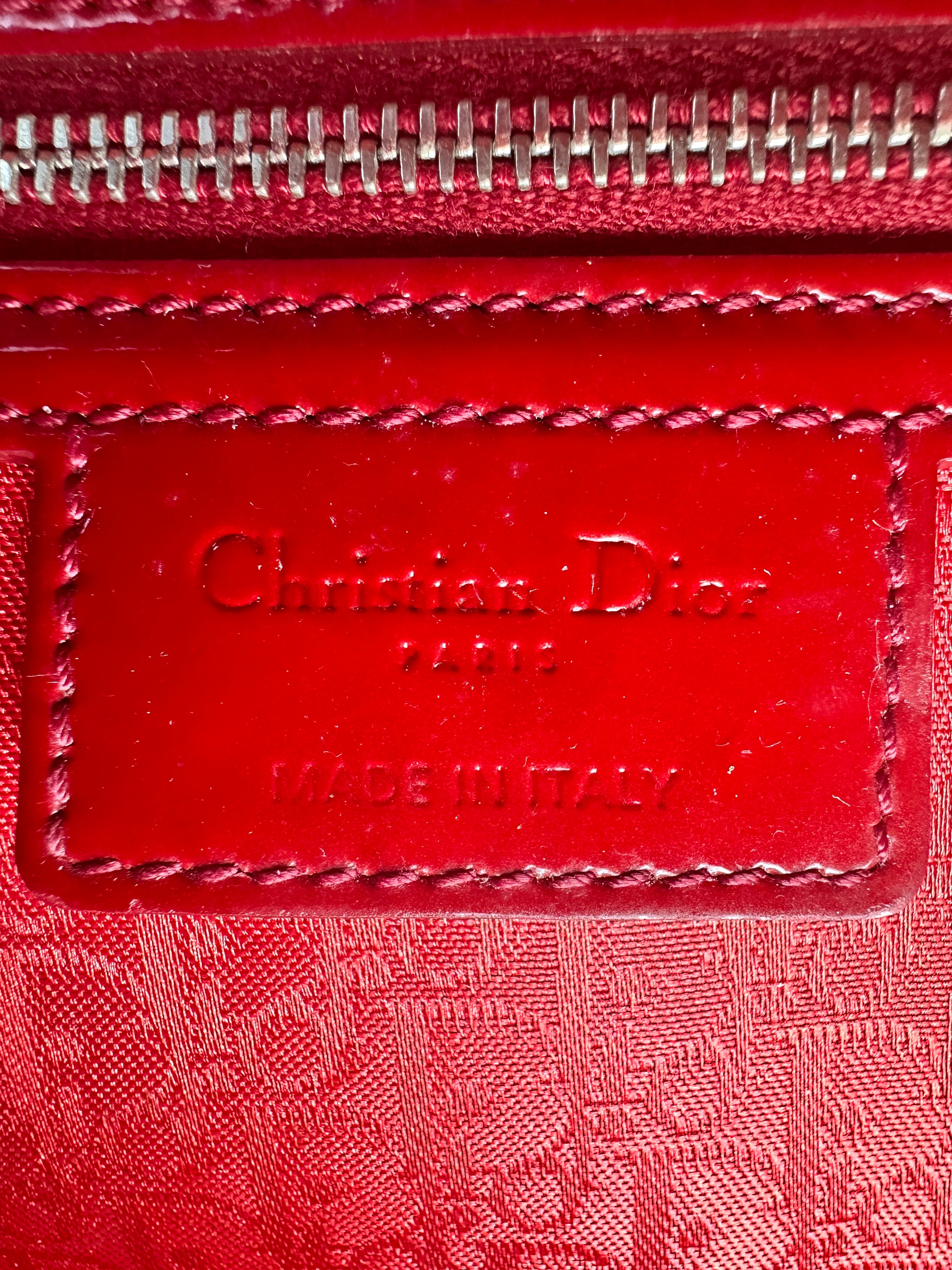 Christian Dior Lady Dior Red Patent Cannage Leather Handle Bag With Silver Charms