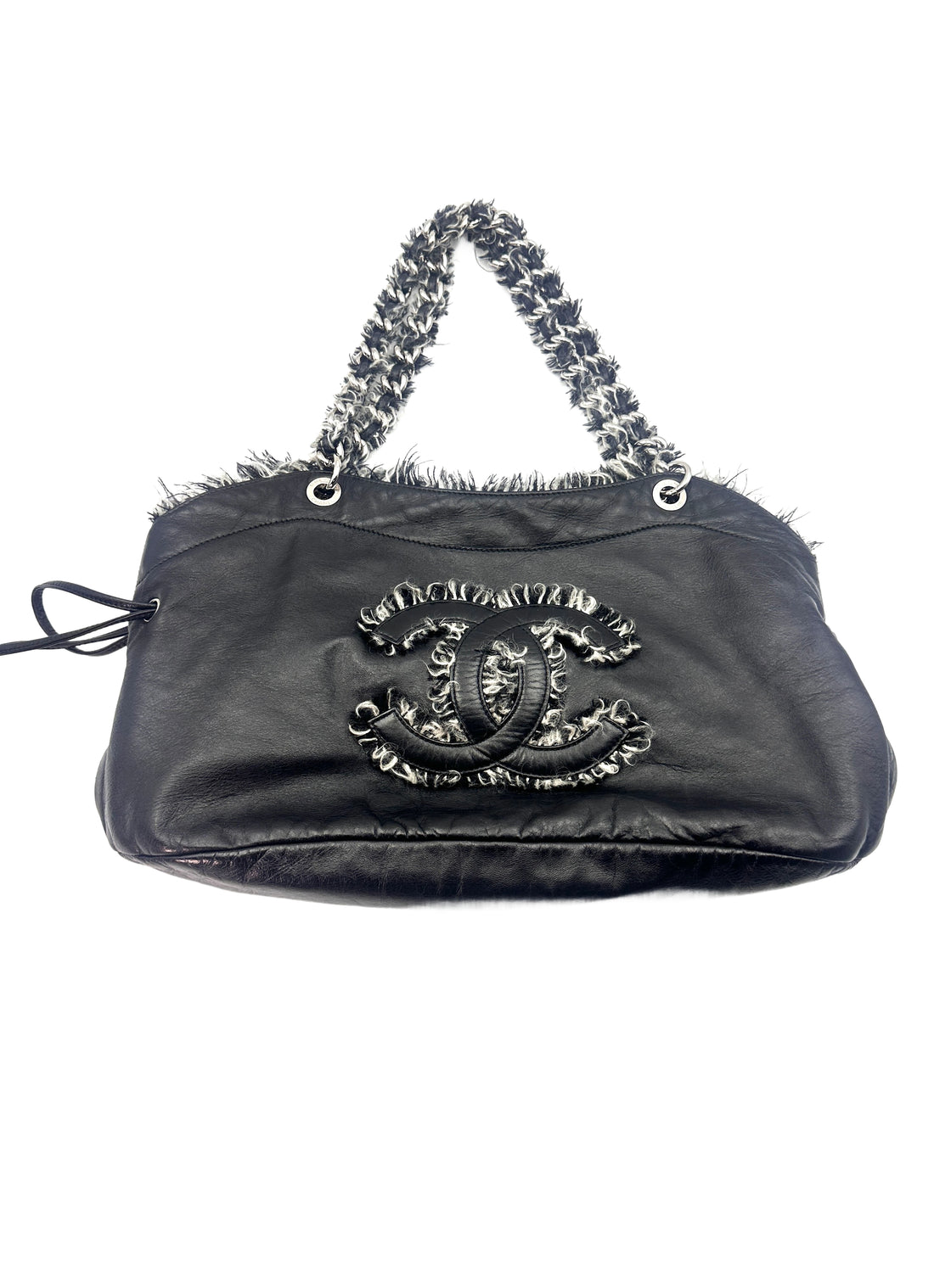 Chanel Funny Tweed Black Leather Tote Shoulder Bag