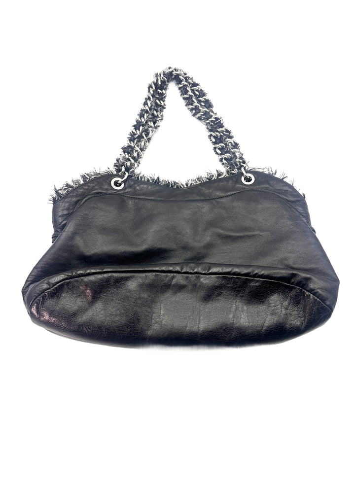 Chanel Funny Tweed Black Leather Tote Shoulder Bag