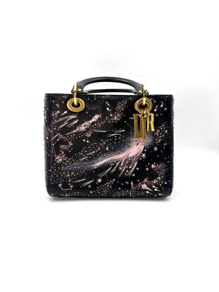 Christian Dior Lady Dior "I Feel Blue" Limited Edition Embroidered Lambskin Handle Bag With Gold Charms