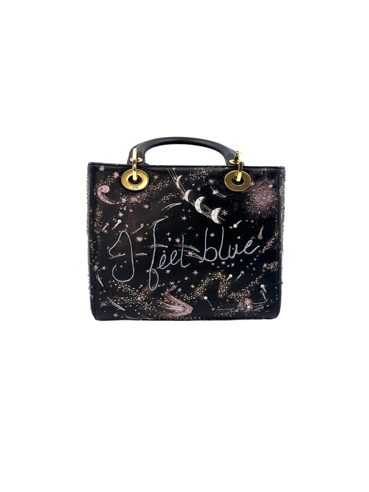 Christian Dior Lady Dior "I Feel Blue" Limited Edition Embroidered Lambskin Handle Bag With Gold Charms