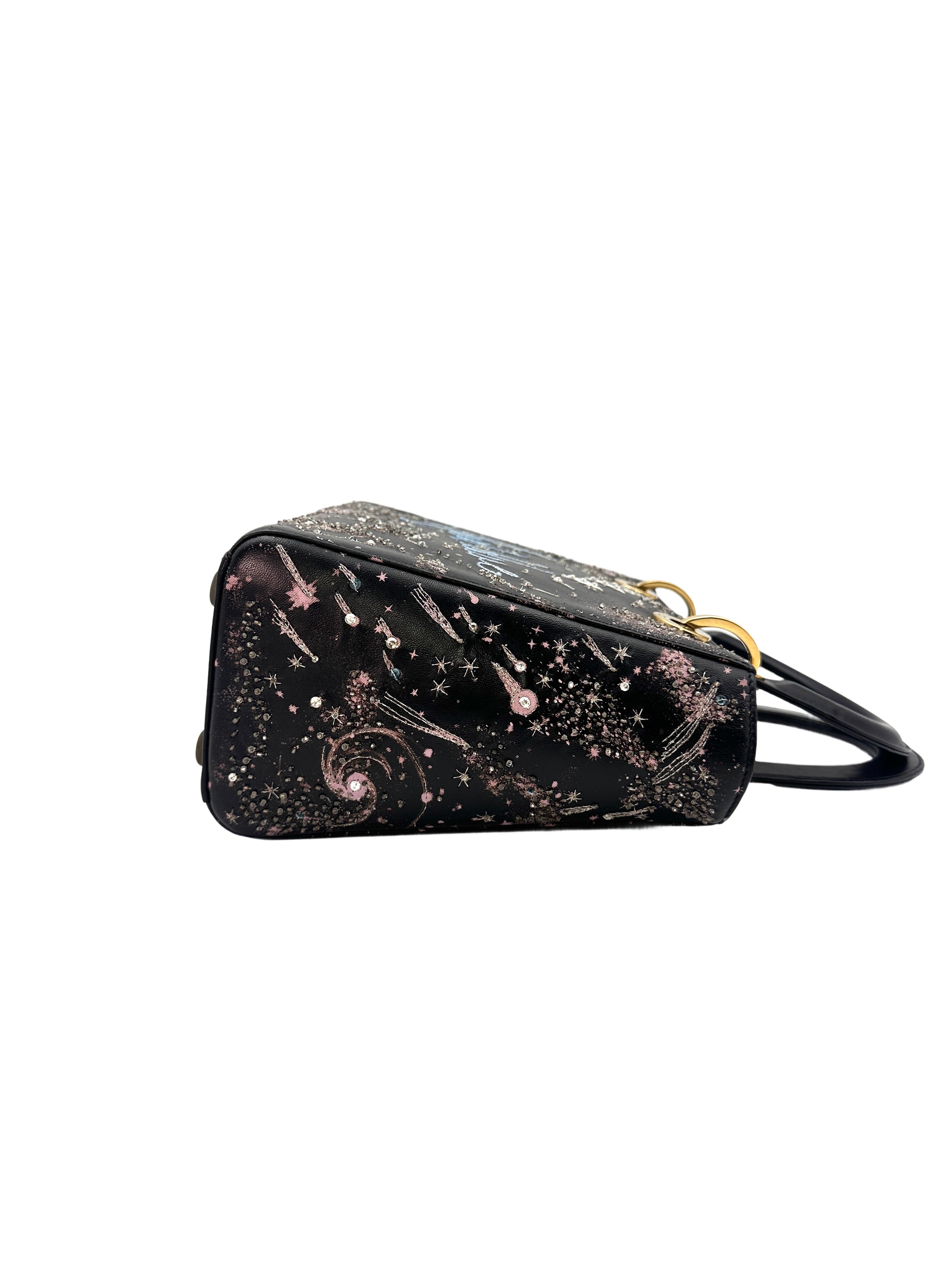 Christian Dior Lady Dior "I Feel Blue" Limited Edition Embroidered Lambskin Handle Bag With Gold Charms